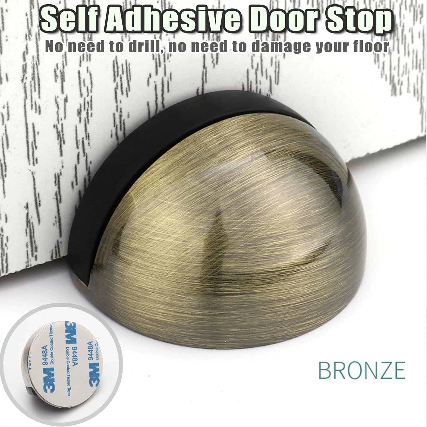 Drill-Free Floor Mounted Door Stoppers 3M Adhesive Self Adhesive Door Stoppers with Black Rubber Bumper Tips Floor Mount Half Dome Door Stopper for Office Bedroom Living Room Shower Room (Bronze-2Pcs) - Image 3