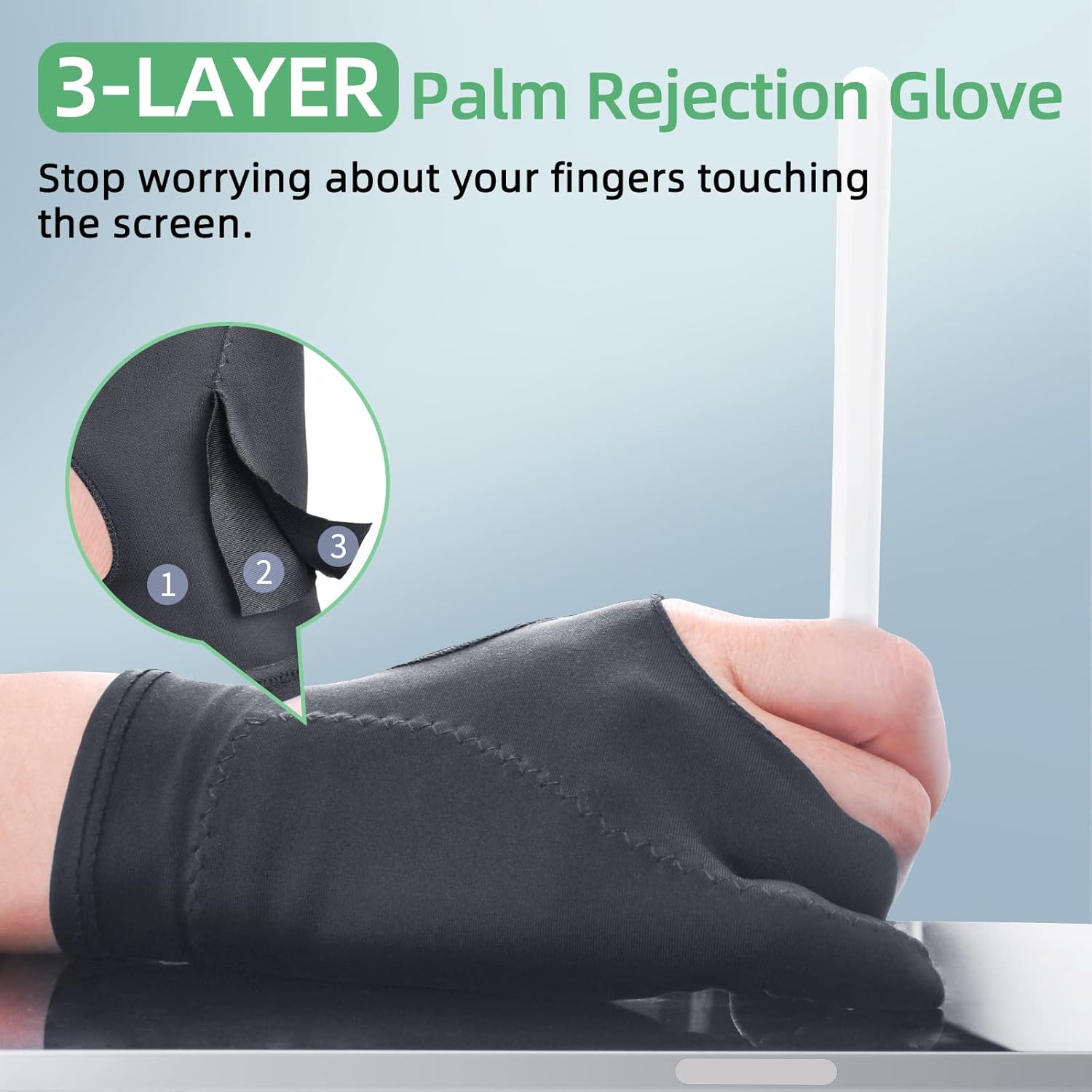 Artist Drawing Glove 3-Layer Palm Rejection [2 Pack Black] Right Left Hand Digital Art Graphic Tablet iPad Gloves Two Finger Smooth Elasticity Breathable for Stylus Pen Pencil Sketching Painting - Image 2