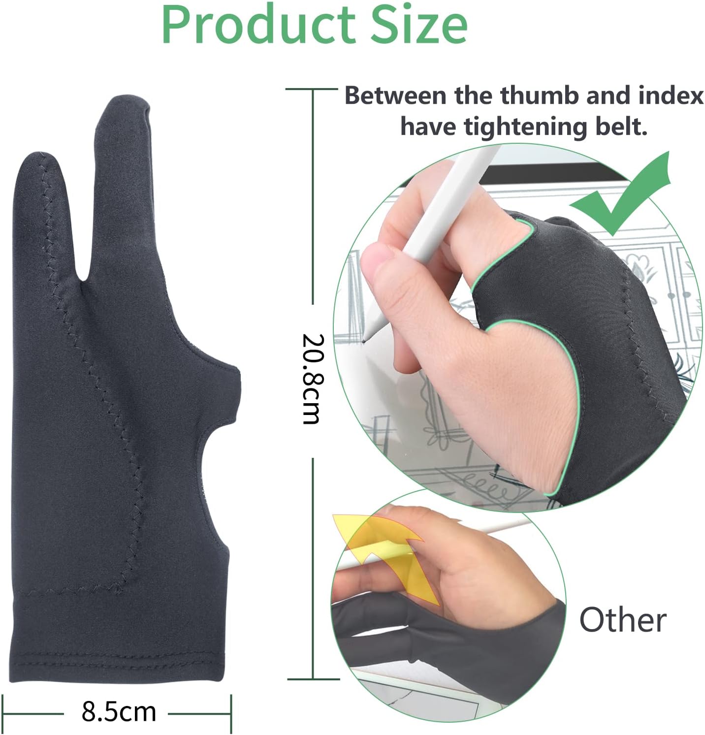 Artist Drawing Glove 3-Layer Palm Rejection [2 Pack Black] Right Left Hand Digital Art Graphic Tablet iPad Gloves Two Finger Smooth Elasticity Breathable for Stylus Pen Pencil Sketching Painting - Image 6