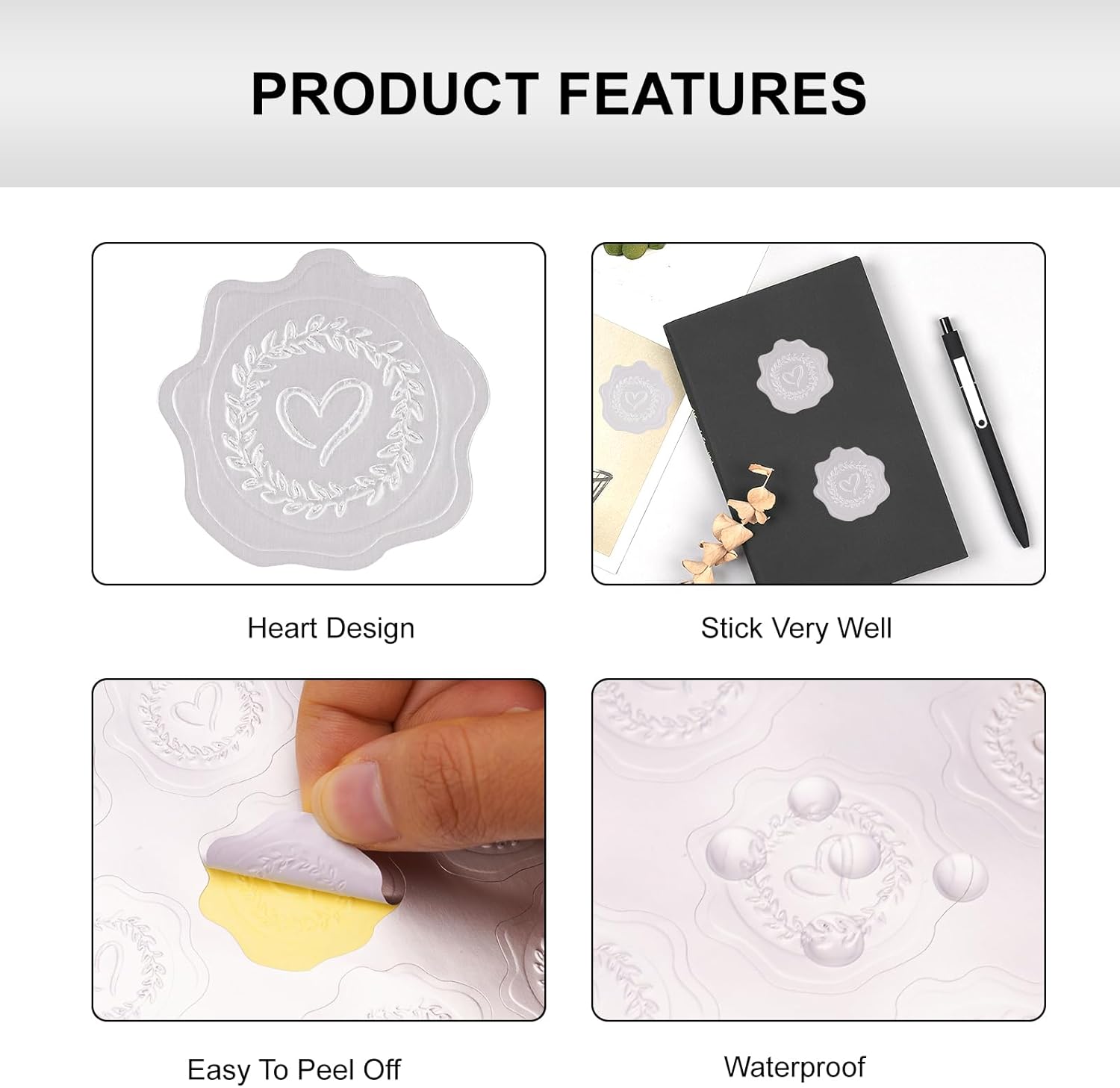 Heart Envelope Seals, Silver Embossed Wax Seal Looking, 300Pcs Wedding Envelope Stickers, Self-Adhesive Silver Foil Stamps for Wedding Invitation Card Bridal Shower Party Favors - Image 3