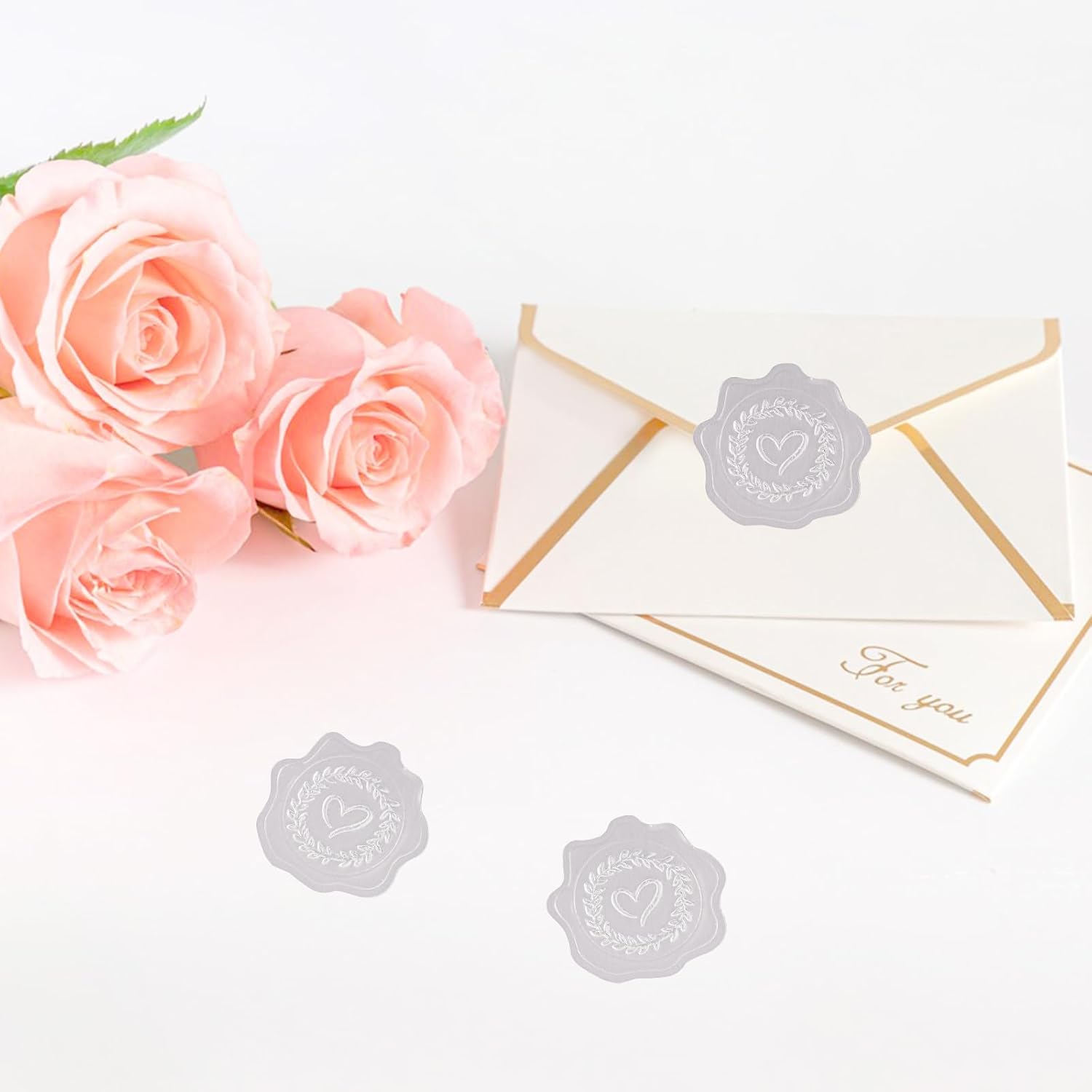 Heart Envelope Seals, Silver Embossed Wax Seal Looking, 300Pcs Wedding Envelope Stickers, Self-Adhesive Silver Foil Stamps for Wedding Invitation Card Bridal Shower Party Favors - Image 5