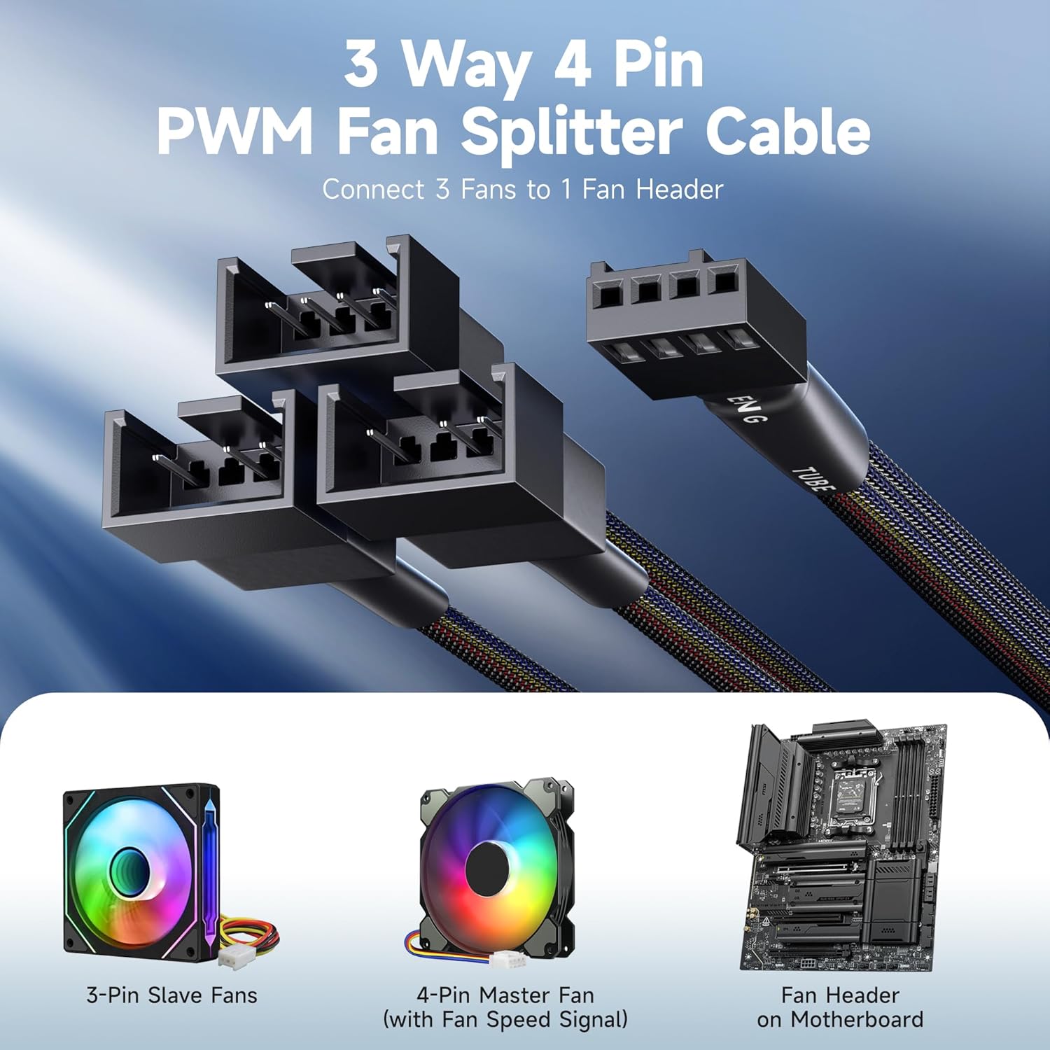 2-Pack 3 Way 4 Pin PWM Fan Splitter Cable - 12 Inches / 30cm, 1x PWM-Controlled with 2 Follower, PC Fan Splitter 1 to 3 Converter - Image 2