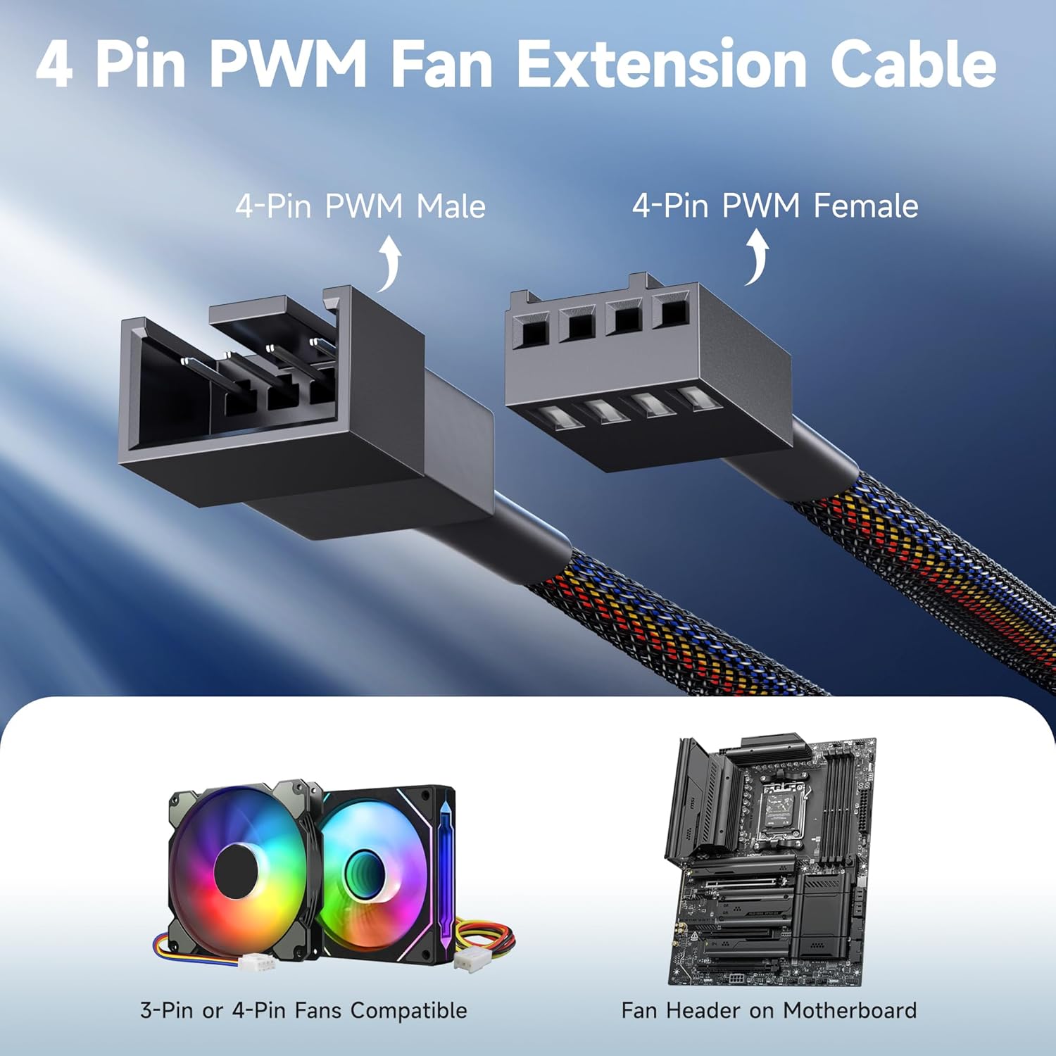 4-Pack, PWM 4 Pin Fan Extension Cable - 12 inches, PC Fan Extension Cable - Image 2