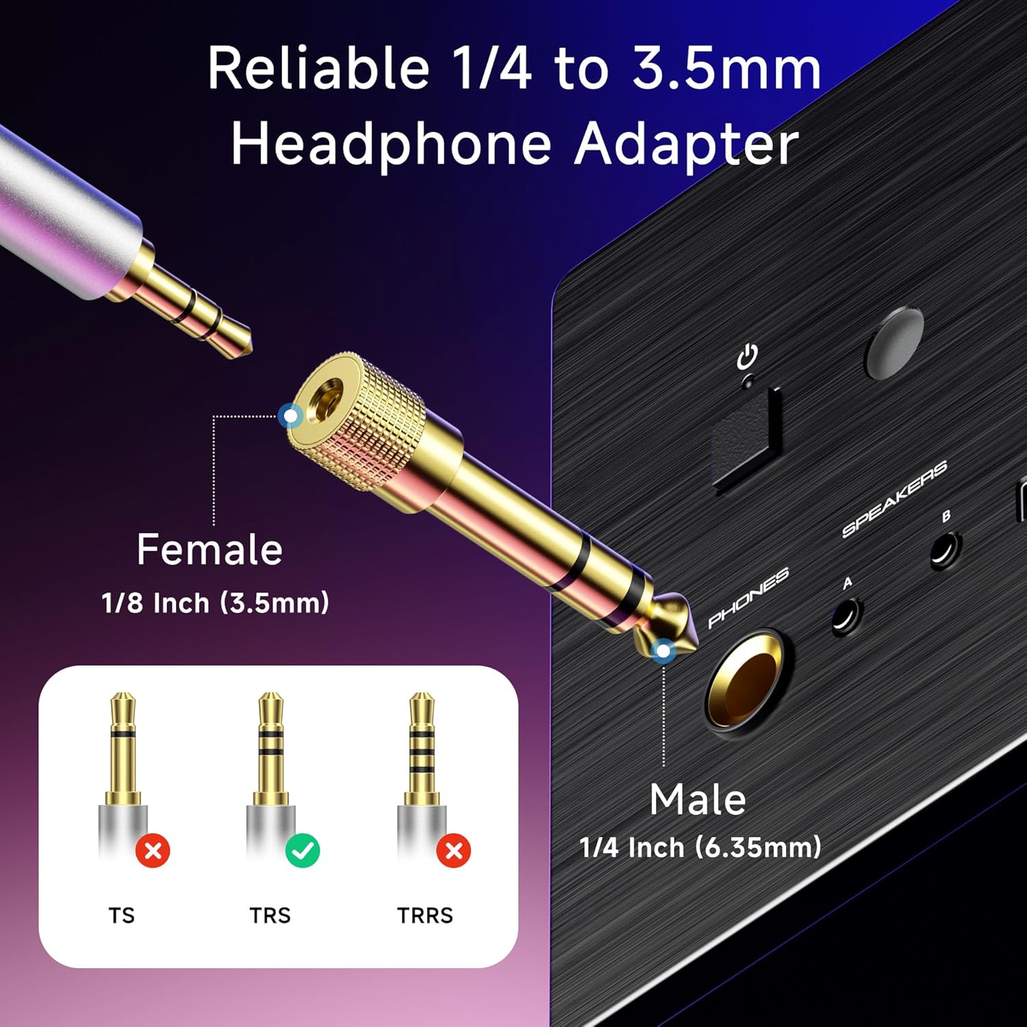 5-Pack 1/4 to 1/8 Headphone Adapter, 6.35mm to 3.5mm Adapter Male to Female, Gold Plated Stereo Headphone 3.5mm to 1/4 Converter - Image 2