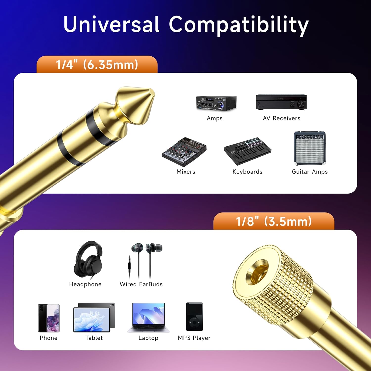 5-Pack 1/4 to 1/8 Headphone Adapter, 6.35mm to 3.5mm Adapter Male to Female, Gold Plated Stereo Headphone 3.5mm to 1/4 Converter - Image 6