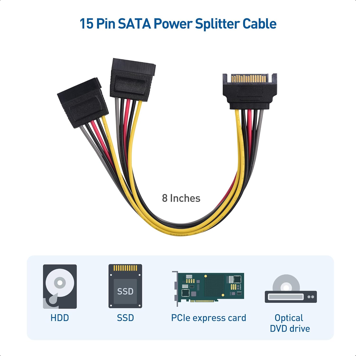 3-Pack 15 Pin SATA Power Splitter Cable - 8 Inches, SATA Power Y-Splitter Cable - Image 3