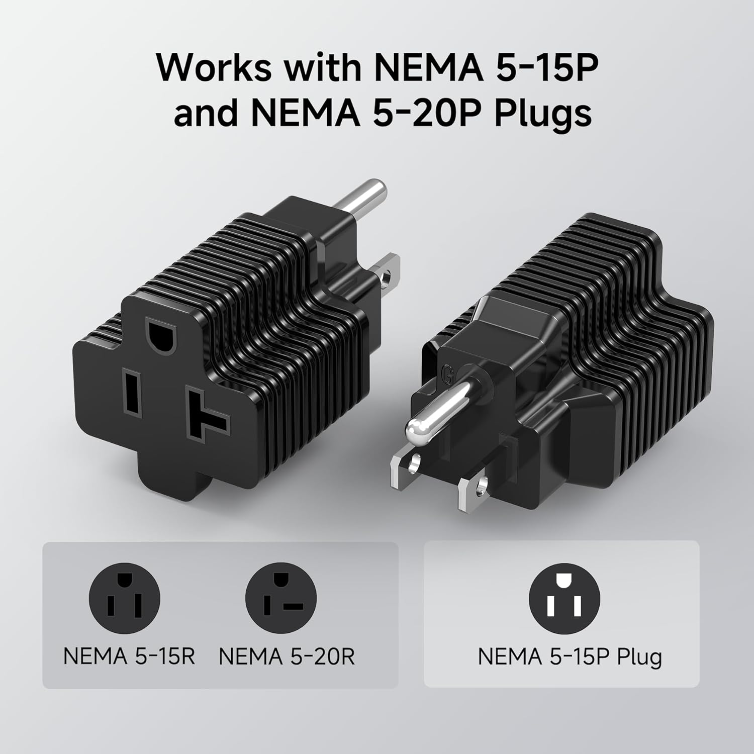 3-Pack 15 Amp to 20 Amp Adapter Plug, 20A to 15A Plug Adapter (NEMA 5-15 to 5-20R) in Black - Image 2