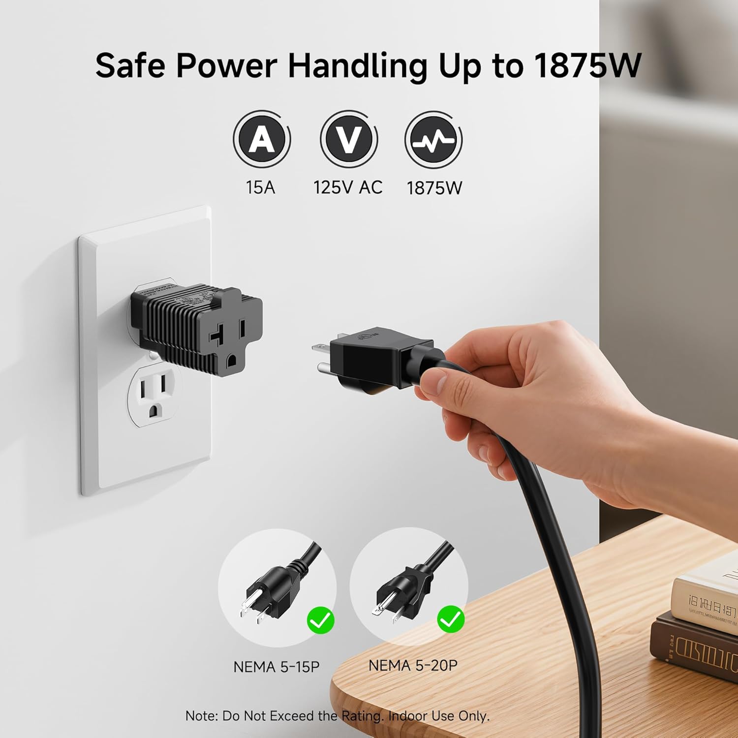 3-Pack 15 Amp to 20 Amp Adapter Plug, 20A to 15A Plug Adapter (NEMA 5-15 to 5-20R) in Black - Image 5