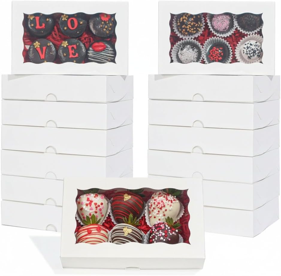 20pcs 7x4.3x2 Inch White Bakery Treat Boxes with Window - Christmas Valentine's Cookie, Chocolate Truffle, Strawberries & Cakesickle Gift Boxes - Image 1
