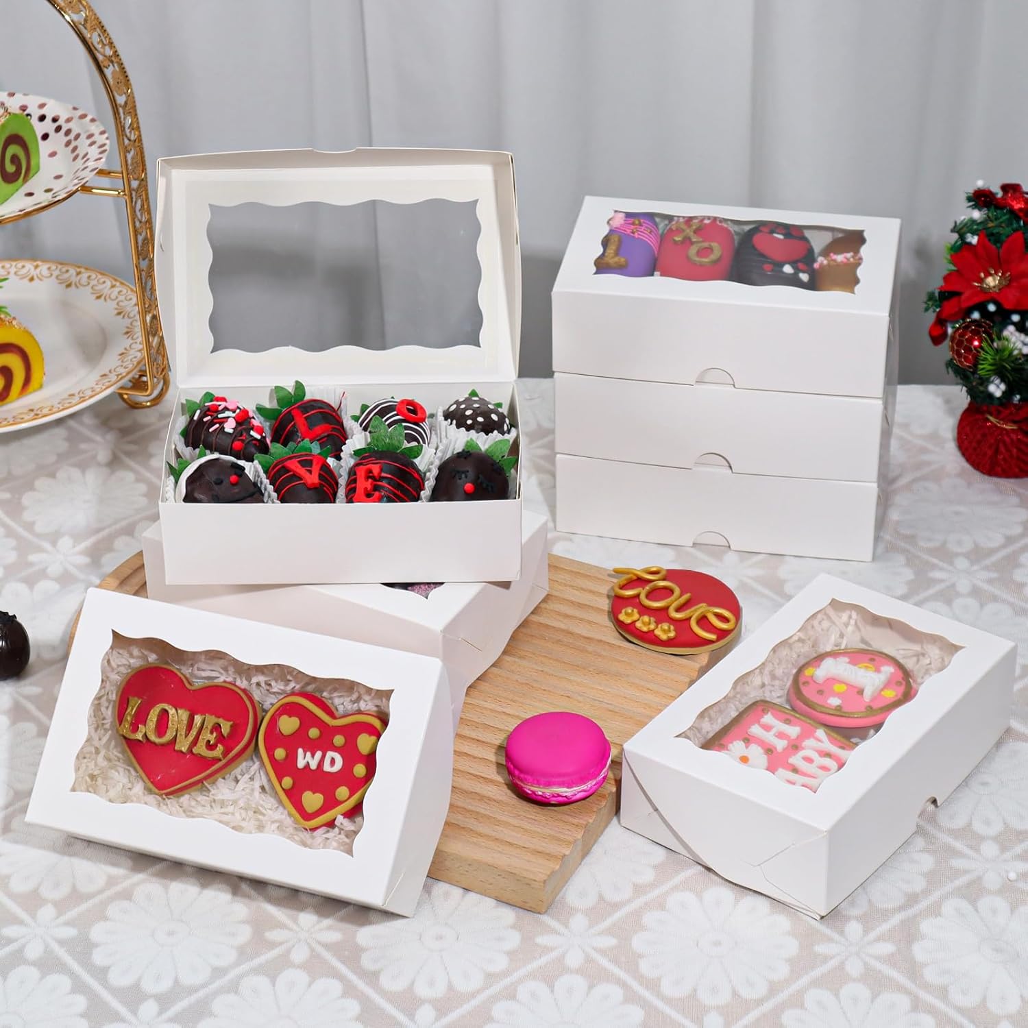 20pcs 7x4.3x2 Inch White Bakery Treat Boxes with Window - Christmas Valentine's Cookie, Chocolate Truffle, Strawberries & Cakesickle Gift Boxes - Image 2