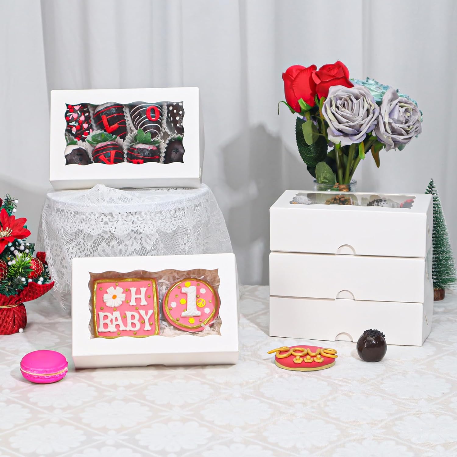 20pcs 7x4.3x2 Inch White Bakery Treat Boxes with Window - Christmas Valentine's Cookie, Chocolate Truffle, Strawberries & Cakesickle Gift Boxes - Image 5