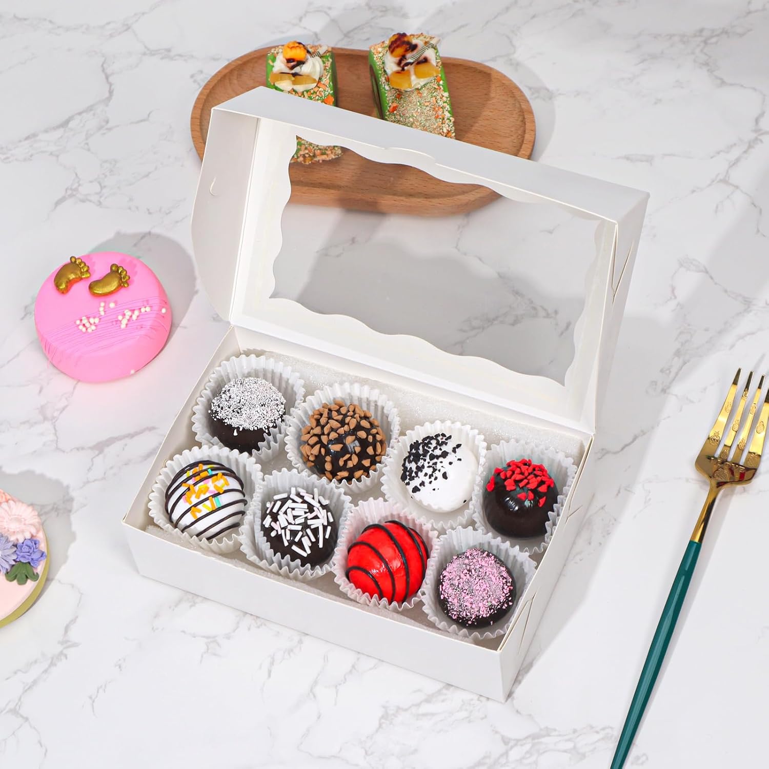 20pcs 7x4.3x2 Inch White Bakery Treat Boxes with Window - Christmas Valentine's Cookie, Chocolate Truffle, Strawberries & Cakesickle Gift Boxes - Image 7