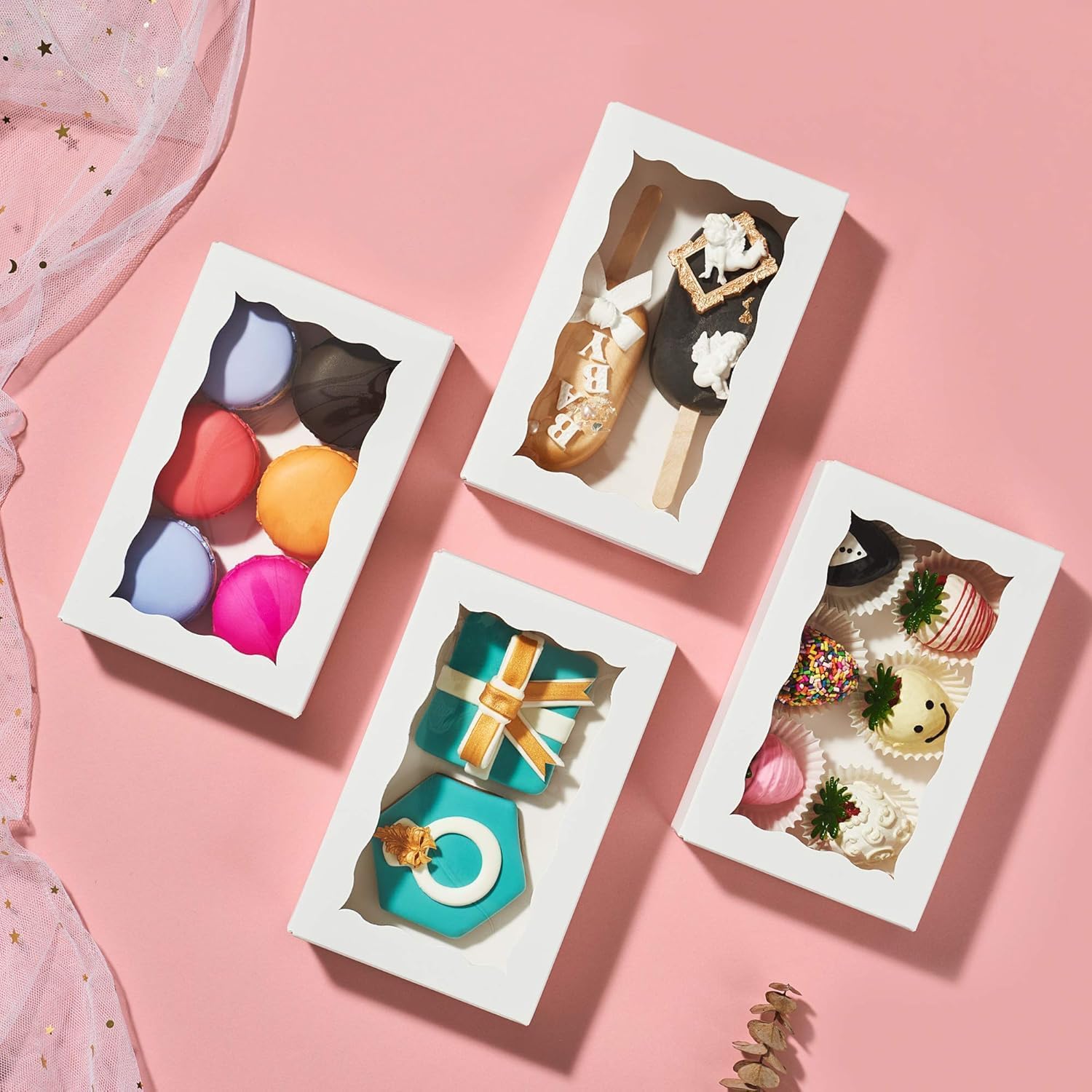 20pcs 7x4.3x2 Inch White Bakery Treat Boxes with Window - Christmas Valentine's Cookie, Chocolate Truffle, Strawberries & Cakesickle Gift Boxes - Image 8