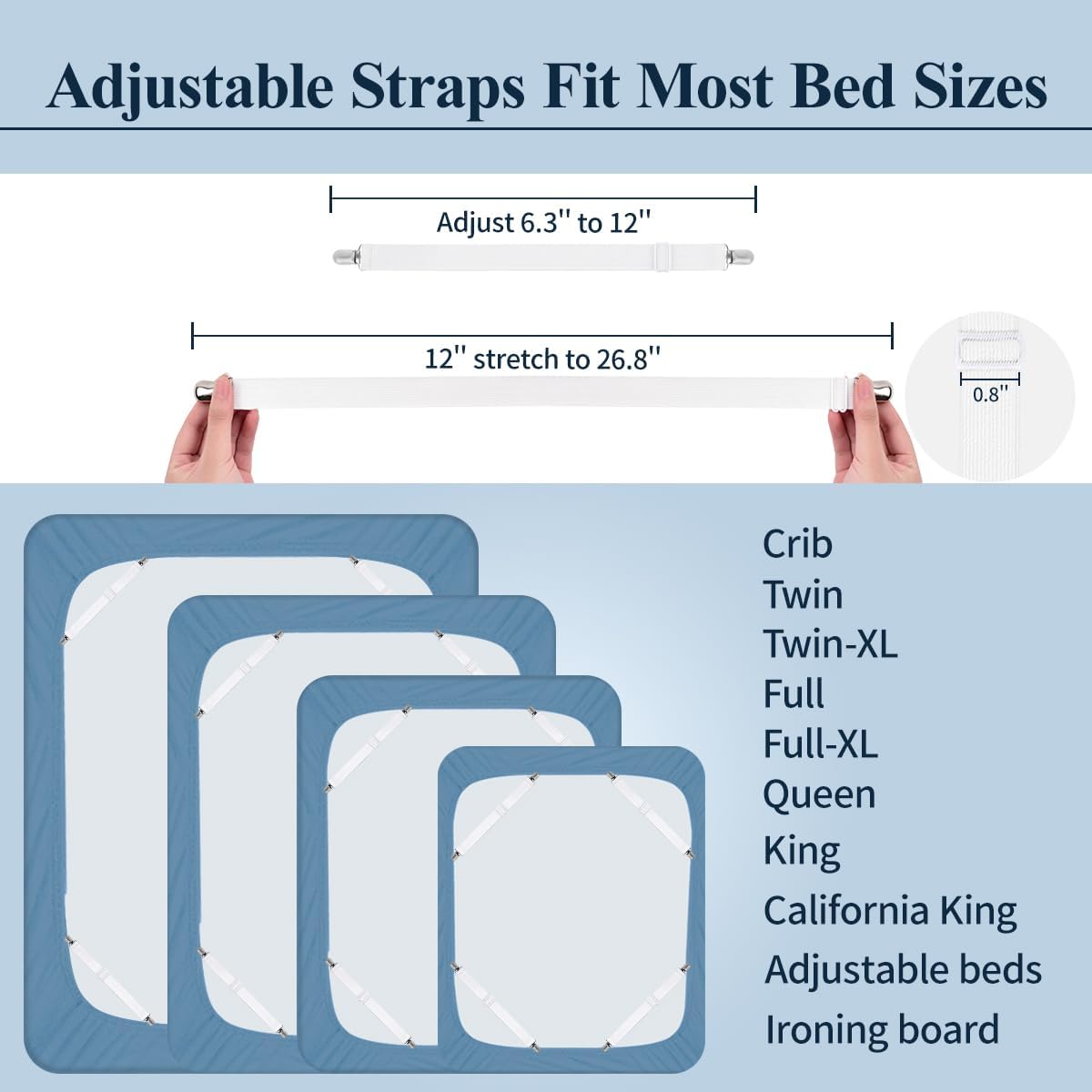 Bed Sheet Straps,  Adjustable Elastic Fitted Sheet Corner Holders Straps to Stay in Place, Non-Slip Fasteners Clips Compatible for Crib to King Size Bed, White 4Pcs - Image 2