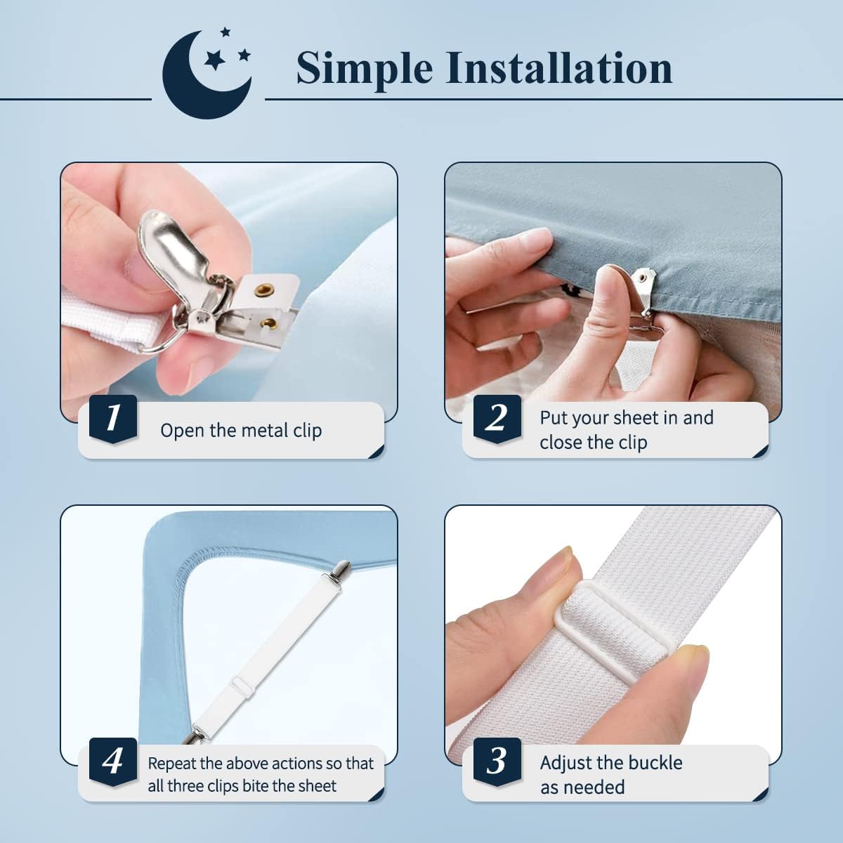 Bed Sheet Straps,  Adjustable Elastic Fitted Sheet Corner Holders Straps to Stay in Place, Non-Slip Fasteners Clips Compatible for Crib to King Size Bed, White 4Pcs - Image 6