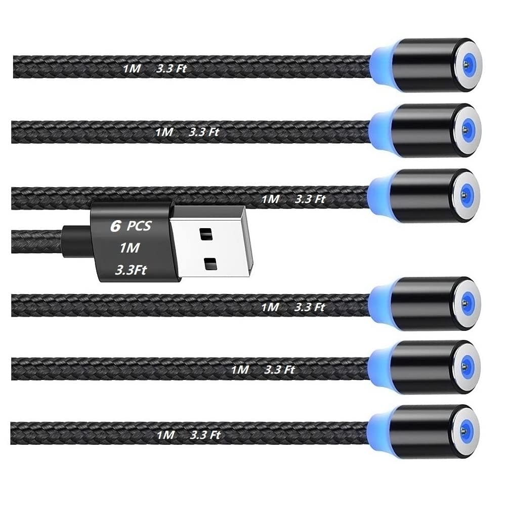 Magnetic Charging Cable 6pcs,Just 360°Rotate Magnetic Cables Without Magnetic Charging Tips,[3.3ft/1m,2.4 A Max 3in1 Nylon Braid Cord(3.3ft/Black), 6PC/3.3ft/Black - Image 1