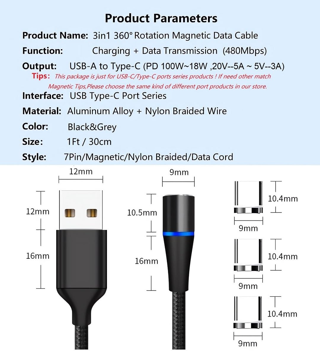 Magnetic Charging Cable 7Pin Sereis 2Pack 1Ft USB-C Short Cable Sets–Fast Charging Compatible for USB Type-C Devices(2PCS/1FT/360°7Pin/Black) - Image 5