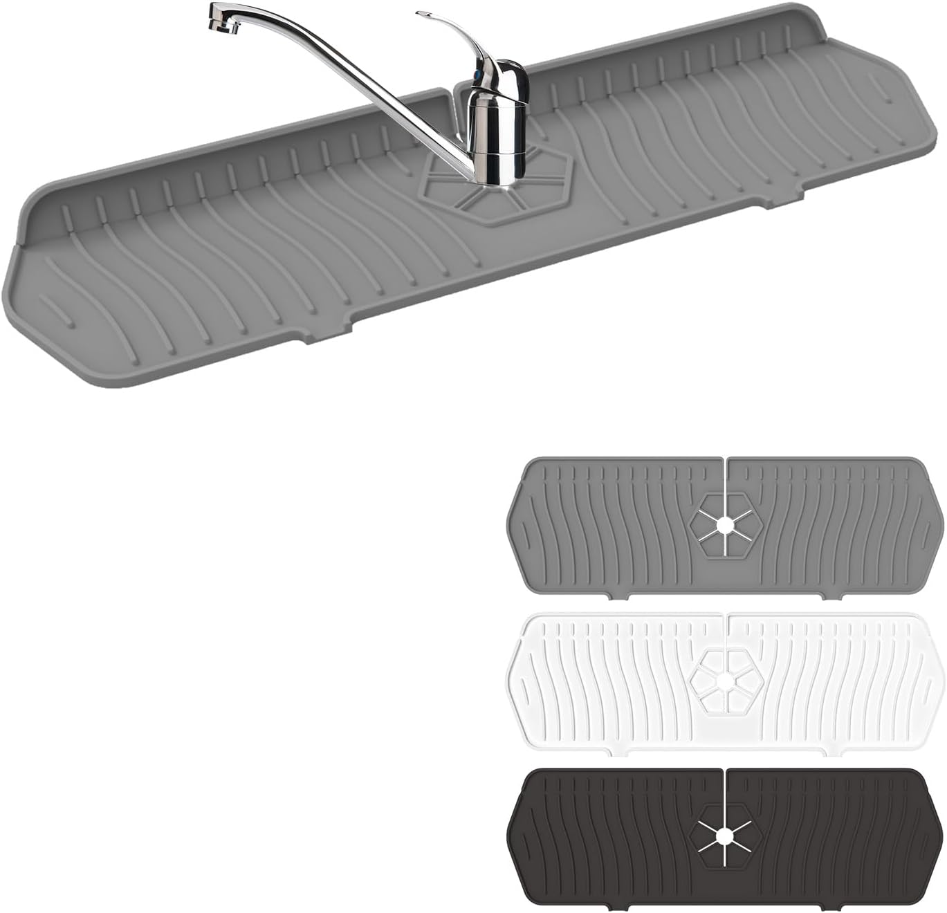 Sink Drain Mat Behind Faucet,Faucet Guard Draining Mat, 90° Foldable Tap Draining Mat for Kitchen Sink with 2 Water Ports, Faucet Drain Mats for Kitchen, Bathroom, etc (Gray, 17.7