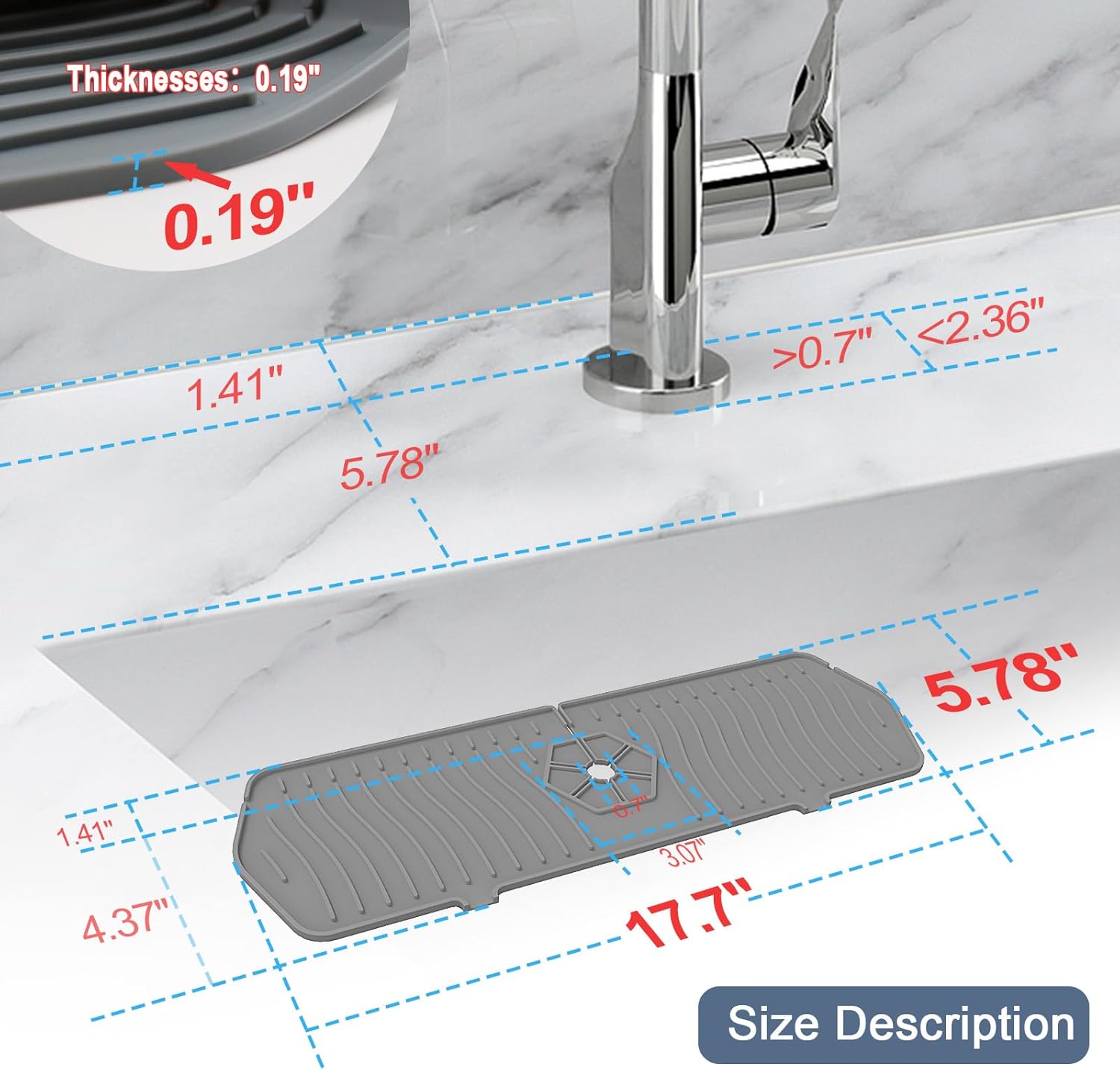 Sink Drain Mat Behind Faucet,Faucet Guard Draining Mat, 90° Foldable Tap Draining Mat for Kitchen Sink with 2 Water Ports, Faucet Drain Mats for Kitchen, Bathroom, etc (Gray, 17.7