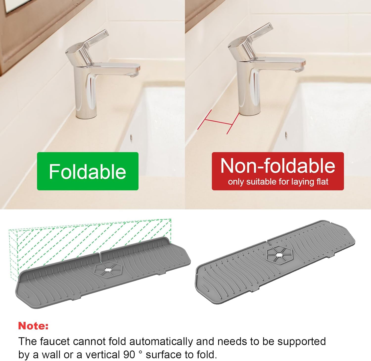 Sink Drain Mat Behind Faucet,Faucet Guard Draining Mat, 90° Foldable Tap Draining Mat for Kitchen Sink with 2 Water Ports, Faucet Drain Mats for Kitchen, Bathroom, etc (Gray, 17.7