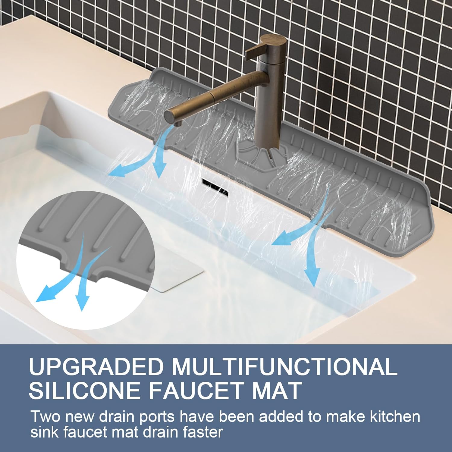Sink Drain Mat Behind Faucet,Faucet Guard Draining Mat, 90° Foldable Tap Draining Mat for Kitchen Sink with 2 Water Ports, Faucet Drain Mats for Kitchen, Bathroom, etc (Gray, 17.7