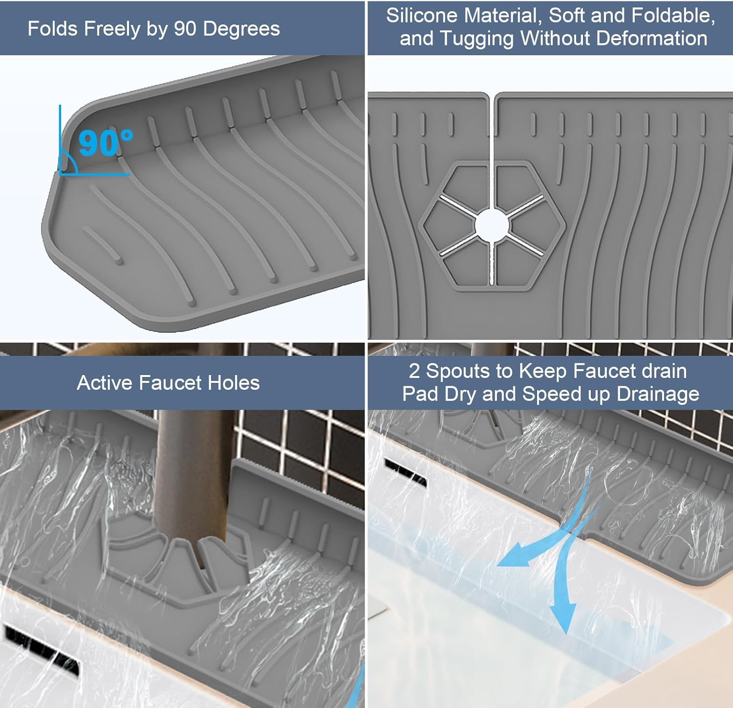 Sink Drain Mat Behind Faucet,Faucet Guard Draining Mat, 90° Foldable Tap Draining Mat for Kitchen Sink with 2 Water Ports, Faucet Drain Mats for Kitchen, Bathroom, etc (Gray, 17.7