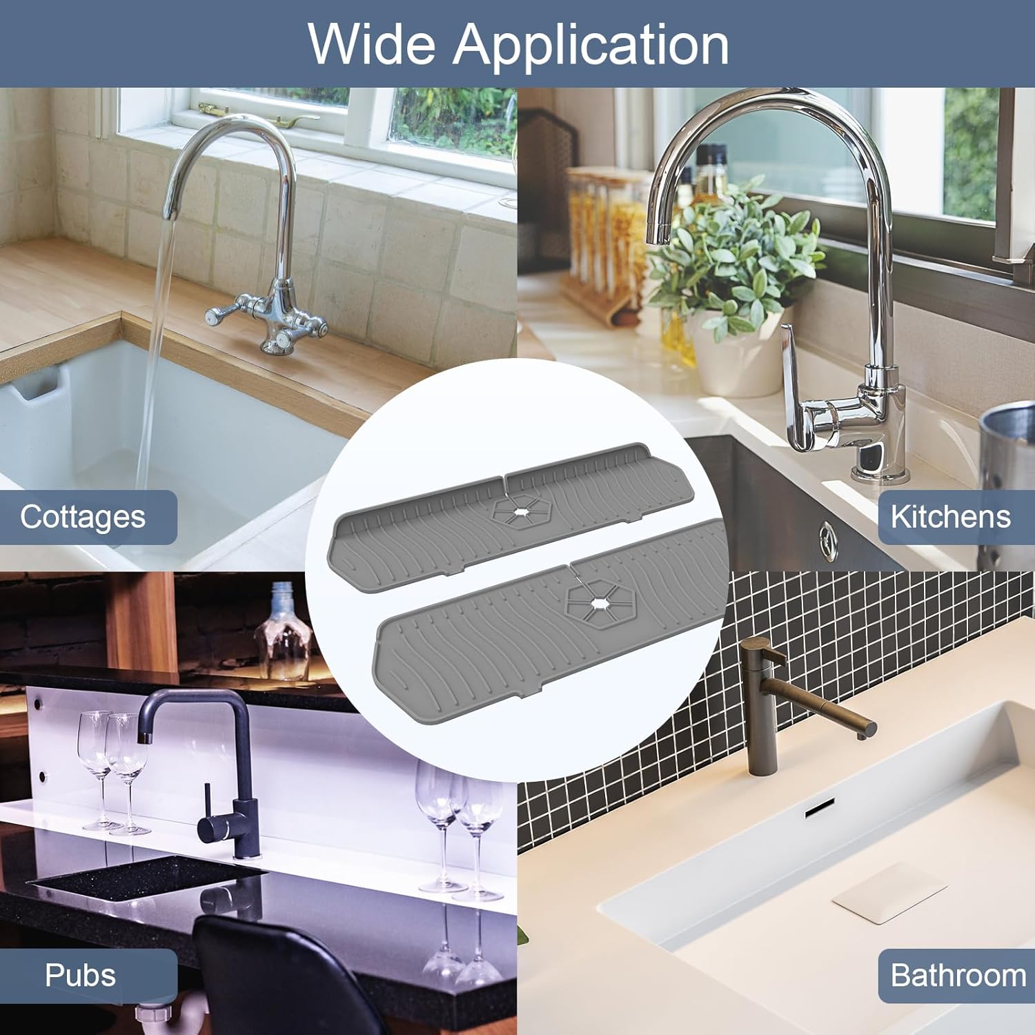 Sink Drain Mat Behind Faucet,Faucet Guard Draining Mat, 90° Foldable Tap Draining Mat for Kitchen Sink with 2 Water Ports, Faucet Drain Mats for Kitchen, Bathroom, etc (Gray, 17.7