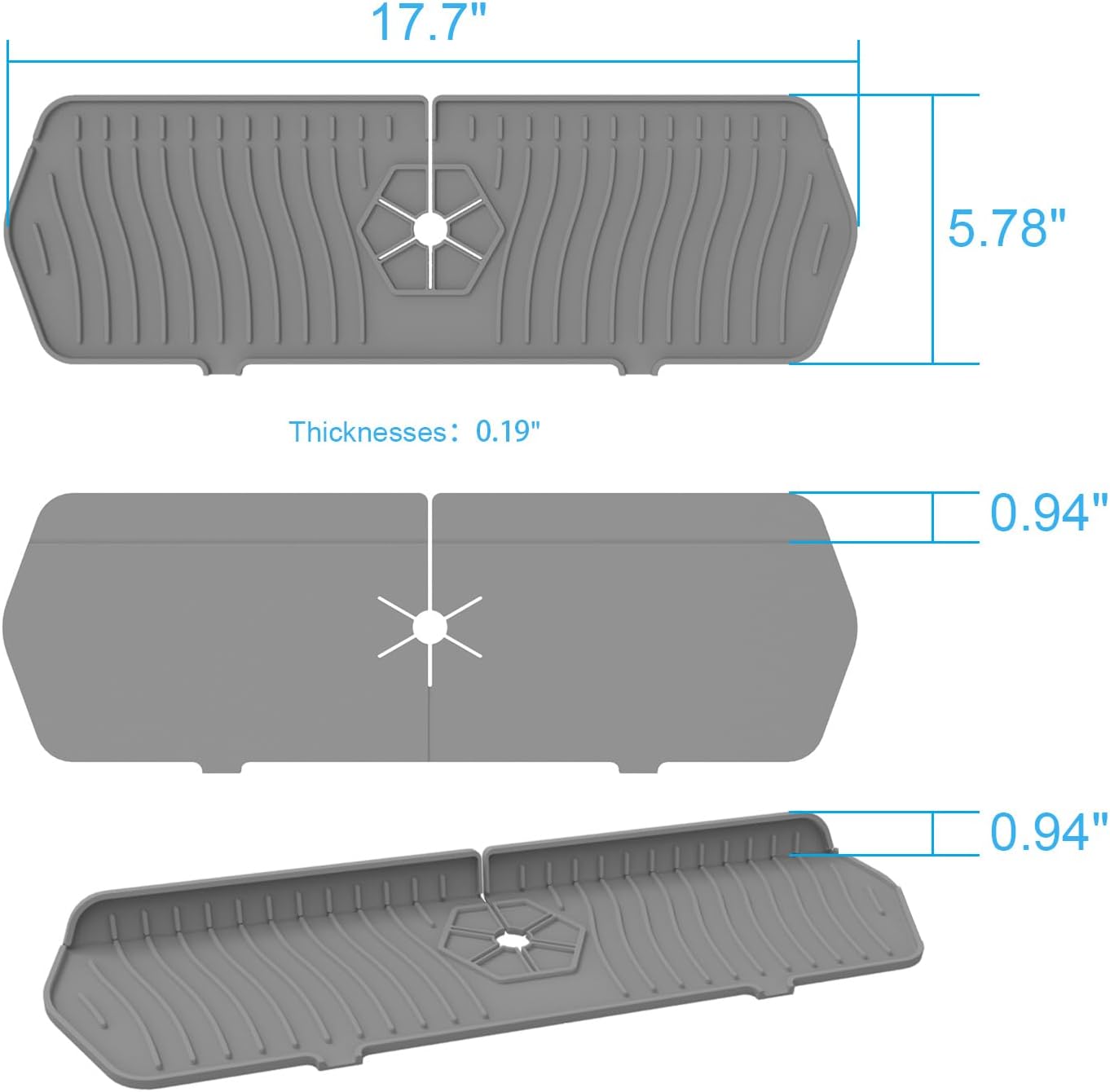 Sink Drain Mat Behind Faucet,Faucet Guard Draining Mat, 90° Foldable Tap Draining Mat for Kitchen Sink with 2 Water Ports, Faucet Drain Mats for Kitchen, Bathroom, etc (Gray, 17.7