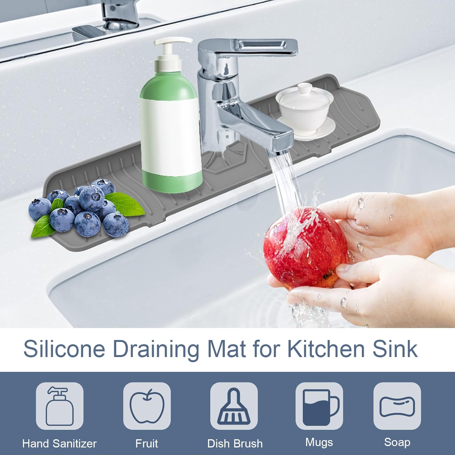 Sink Drain Mat Behind Faucet,Faucet Guard Draining Mat, 90° Foldable Tap Draining Mat for Kitchen Sink with 2 Water Ports, Faucet Drain Mats for Kitchen, Bathroom, etc (Gray, 17.7