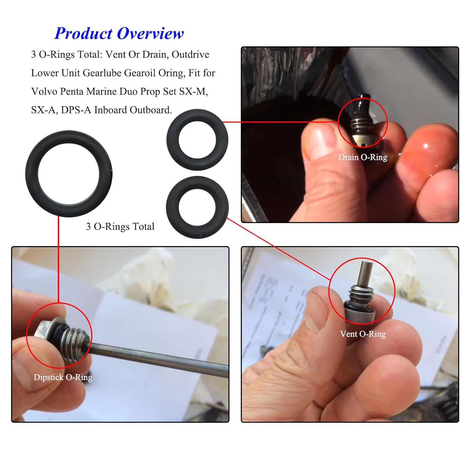 3 O-Rings Total: Dipstick #3852045, Vent #3855081, Drain #3855081, Vent Or Drain, Outdrive Lower Unit Gearlube Gearoil Oring, Fit for Volvo Penta Marine Duo Prop Set SX-M, SX-A, DPS-A Inboard Outboard - Image 2