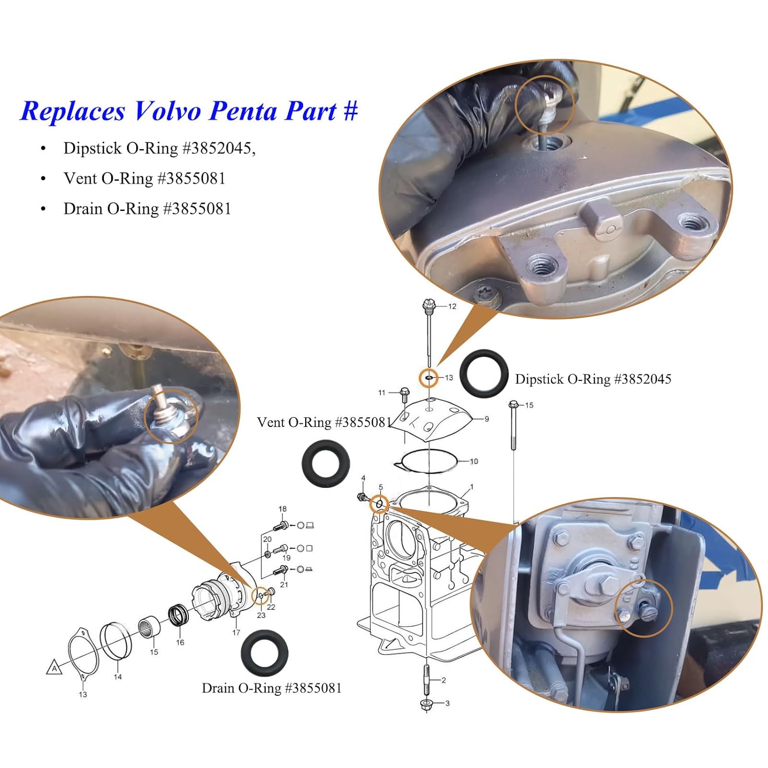 3 O-Rings Total: Dipstick #3852045, Vent #3855081, Drain #3855081, Vent Or Drain, Outdrive Lower Unit Gearlube Gearoil Oring, Fit for Volvo Penta Marine Duo Prop Set SX-M, SX-A, DPS-A Inboard Outboard - Image 3