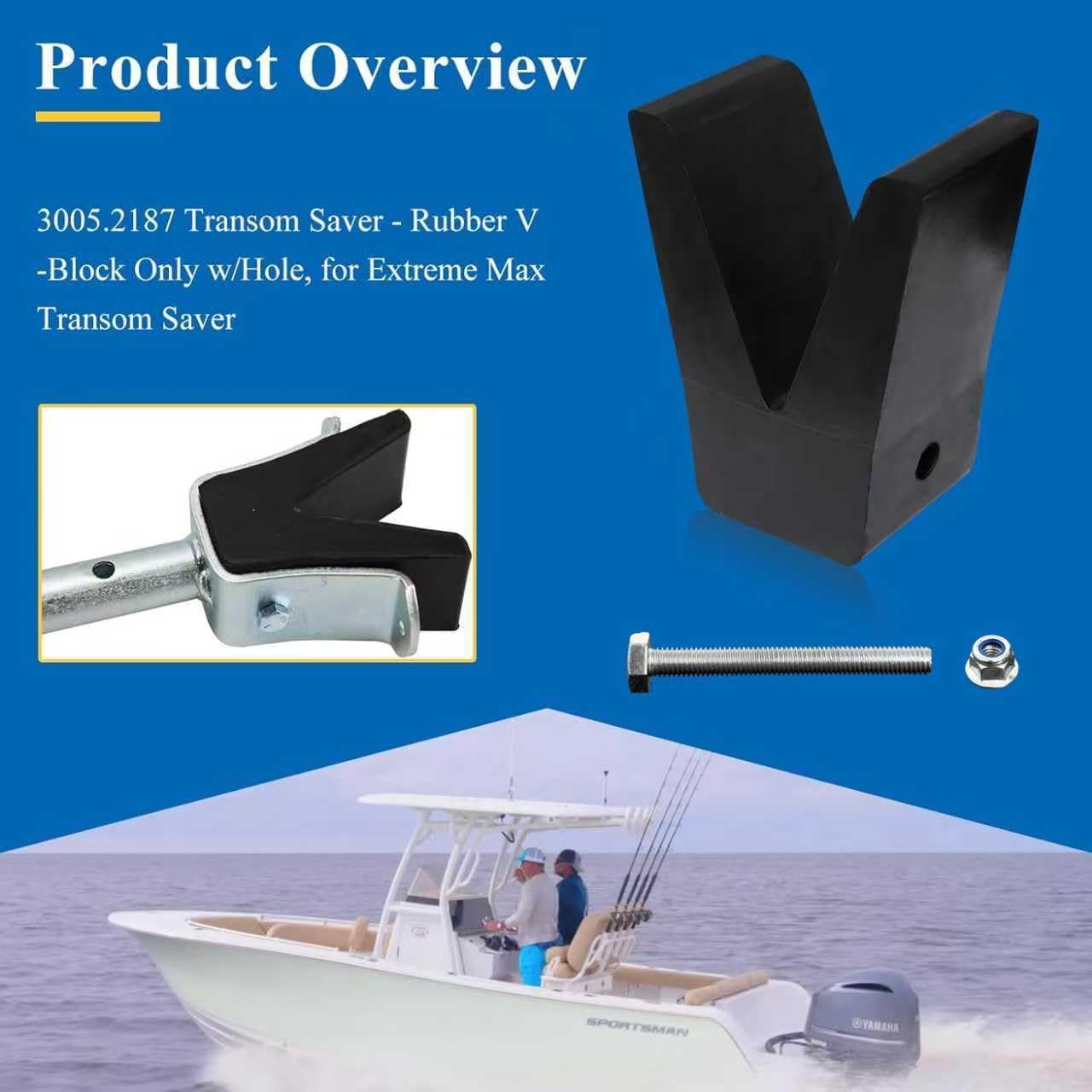 181440 3005.2187 Rubber Straight Transom Saver w/Hole for Tracker Marine Boat/2in V-Block Rubber Only, Fits Extreme Max 3001.1068 Angled Transom Saver/3005.3852 - Image 2