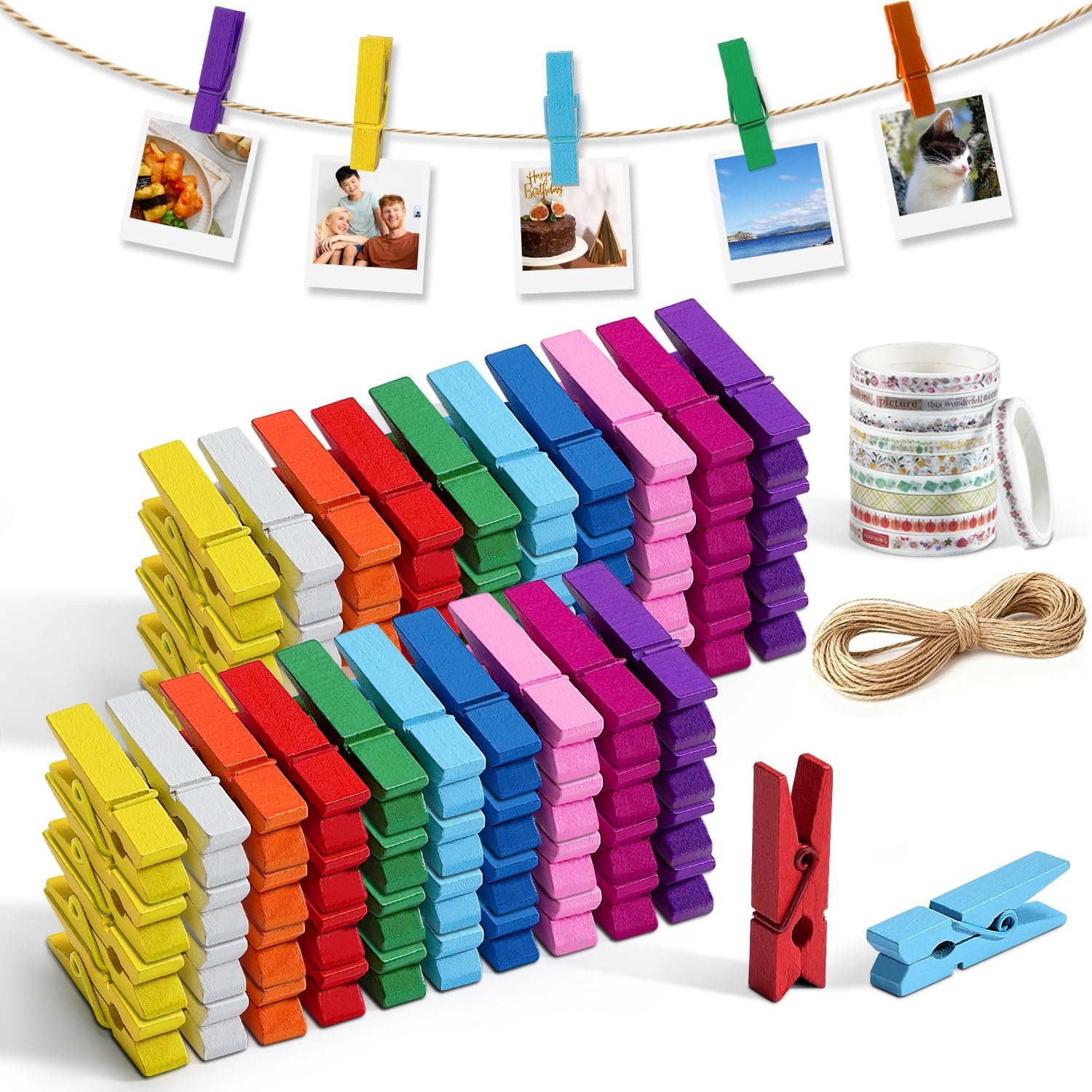 Mini Clothespins,  100 Pcs 1.4'' Strong Mini Clothespins for Photos with 10 Pcs Washi Tapes and 43 Ft Jute Twine, Colorful Wooden Small Clothes Pins for Picture, Crafts, Baby Shower - Image 1