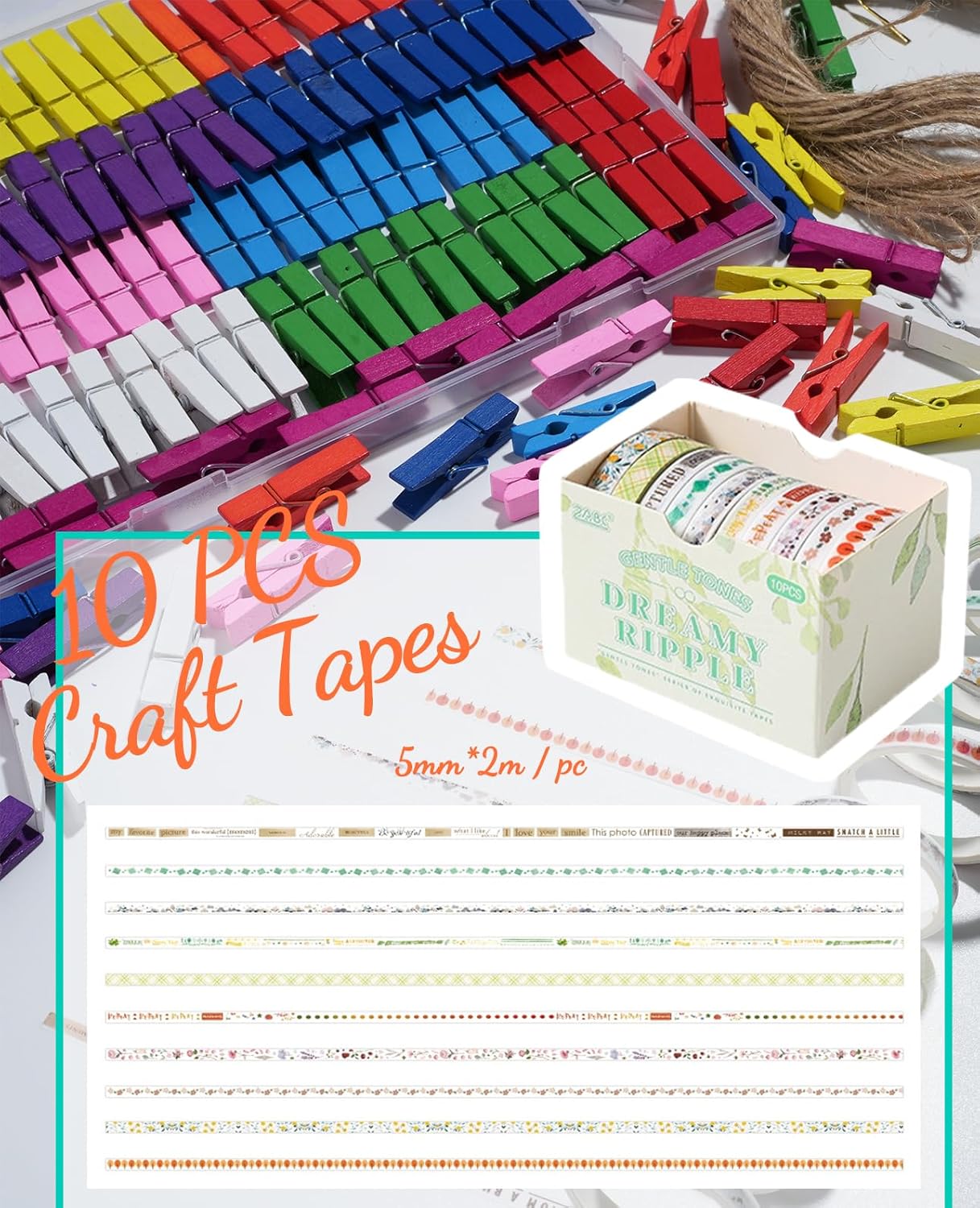 Mini Clothespins,  100 Pcs 1.4'' Strong Mini Clothespins for Photos with 10 Pcs Washi Tapes and 43 Ft Jute Twine, Colorful Wooden Small Clothes Pins for Picture, Crafts, Baby Shower - Image 7