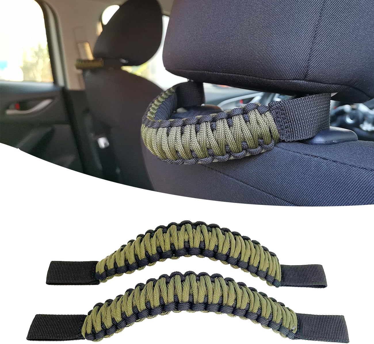 Headrest Grab Handles Universal Grip Handles,Passenger Support Handles for Jeep Wrangler,Ford Bronco,Toyota,Tacoma,Trucks,SUV,Cars,2Pack (Black&Olive) - Image 2