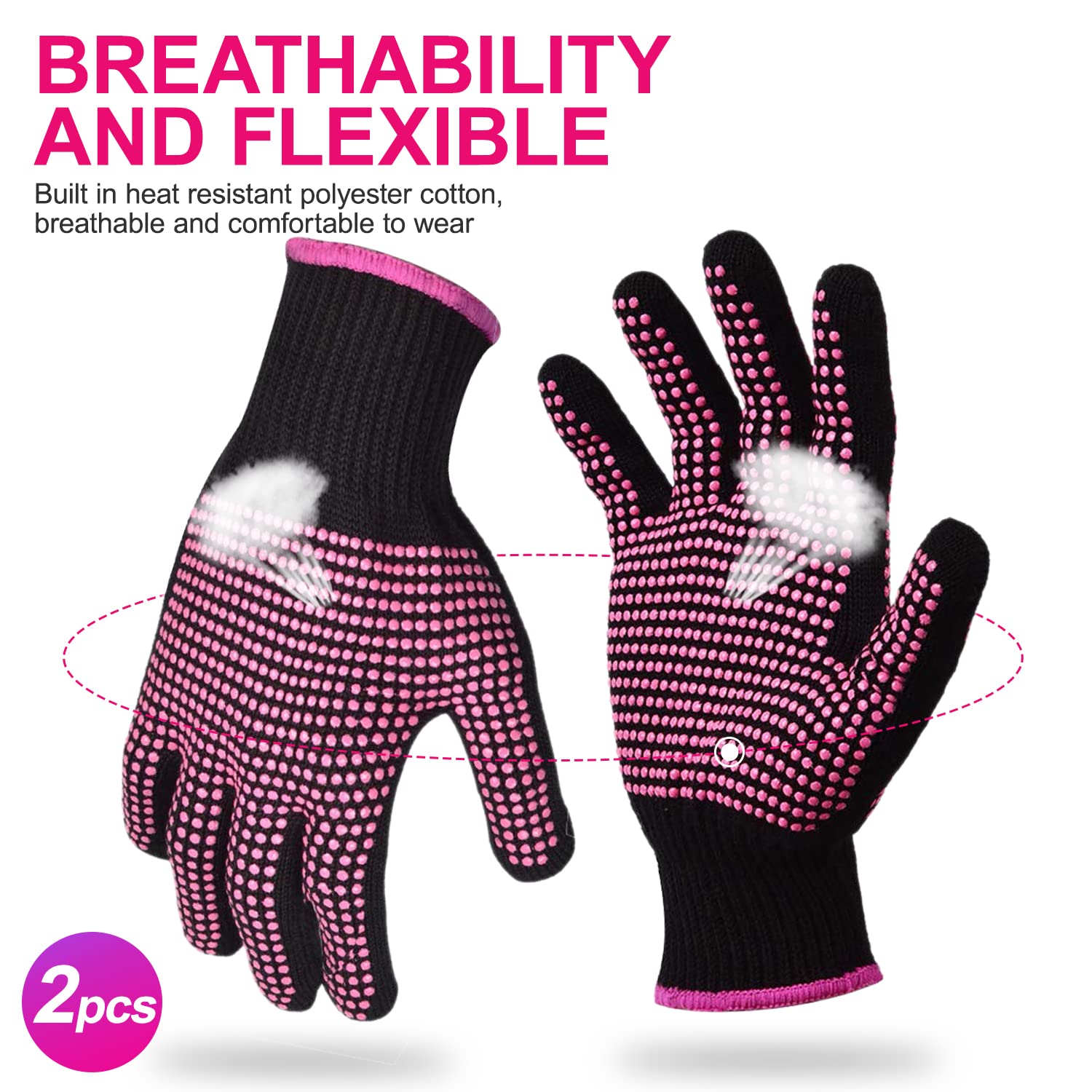 2Pcs Heat Resistant Gloves with Silicone Bumps, Professional Heat Protection Gloves for Hair Styling, Mitts for Curling Iron Wand Flat Iron Sublimation, Rose Red - Image 3