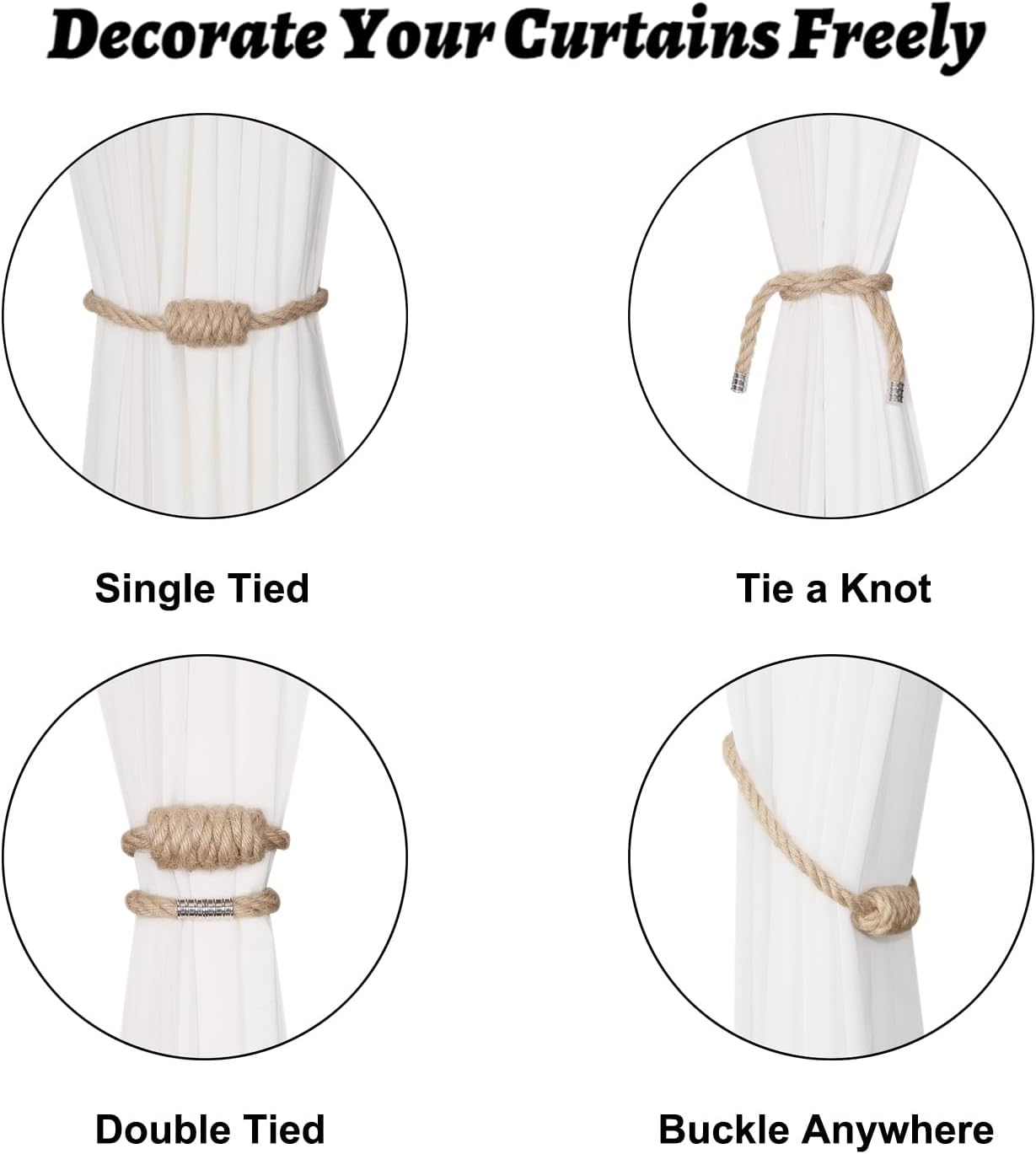 Magnetic Jute Curtain Tiebacks, Decorative Drapery Holdbacks Bohemian Style Woven Tie-Backs with Exquisite Knot (Jute, 2 Pack) - Image 3