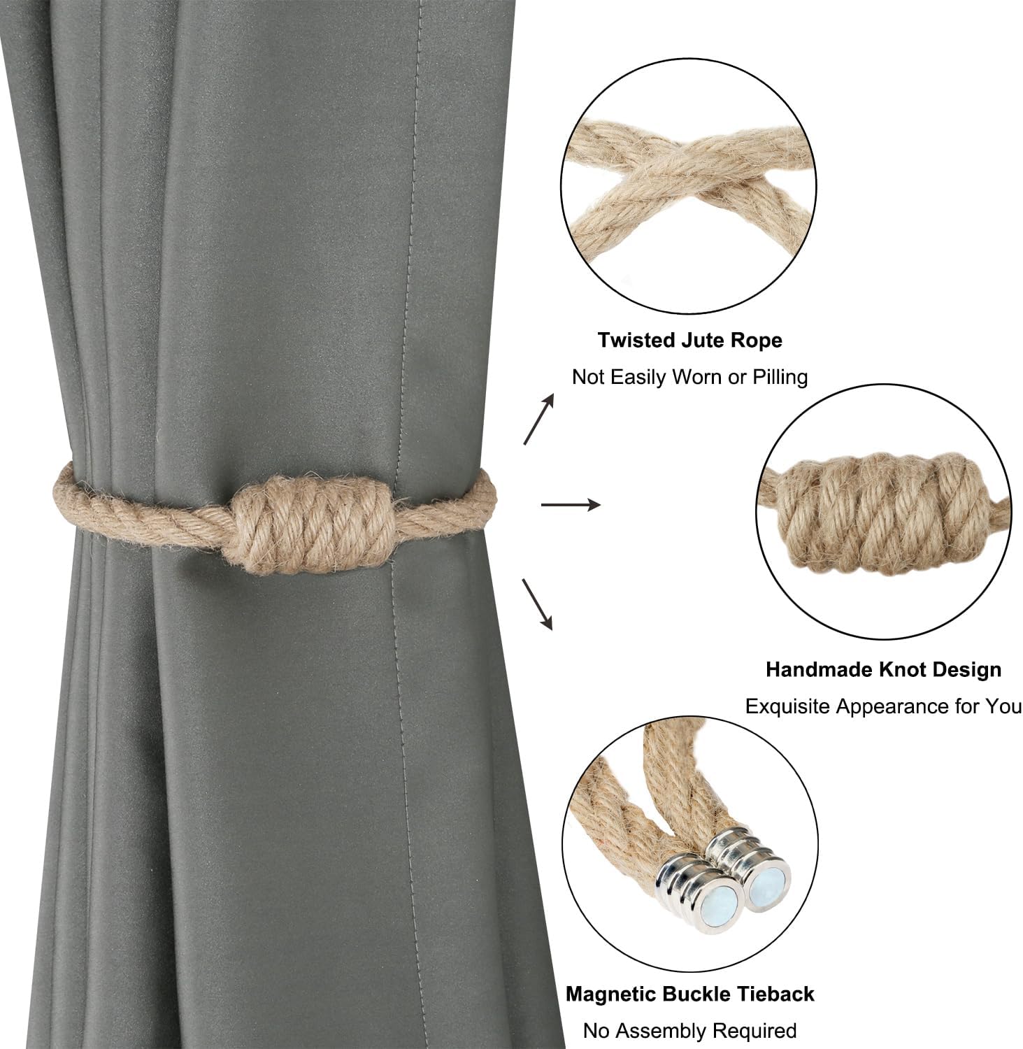 Magnetic Jute Curtain Tiebacks, Decorative Drapery Holdbacks Bohemian Style Woven Tie-Backs with Exquisite Knot (Jute, 2 Pack) - Image 4