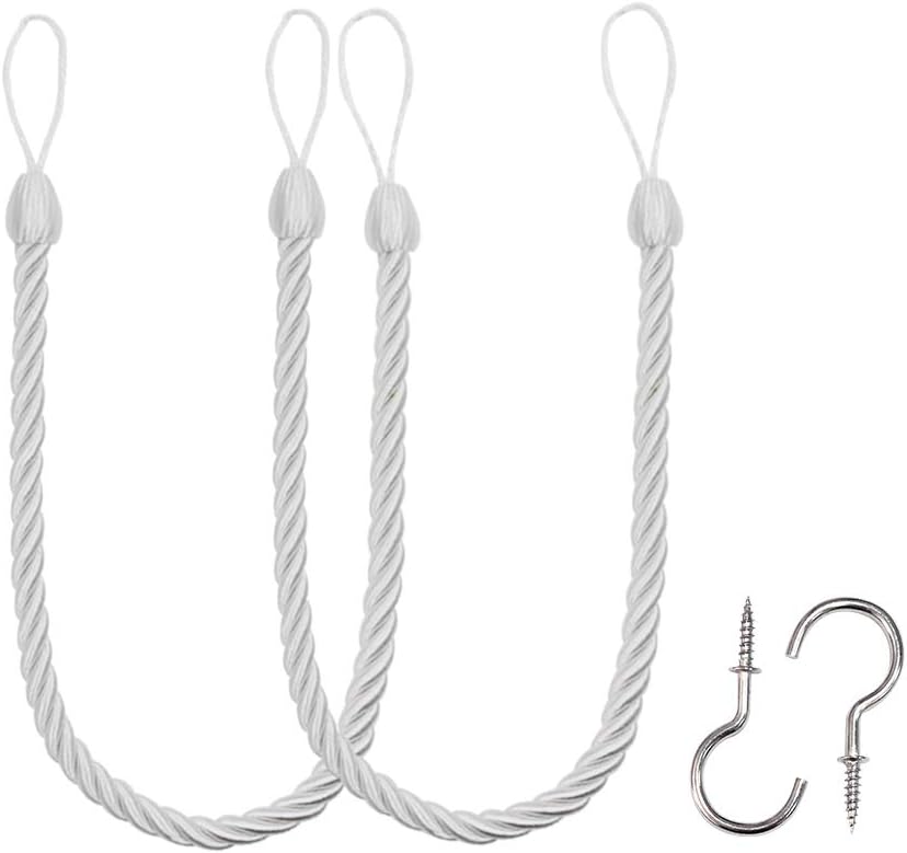 Curtain Ropes Tiebacks Tie-Backs, Curtain Handmade Holdbacks with 2 Metal Screw Hooks - White 2 Pack - Image 1