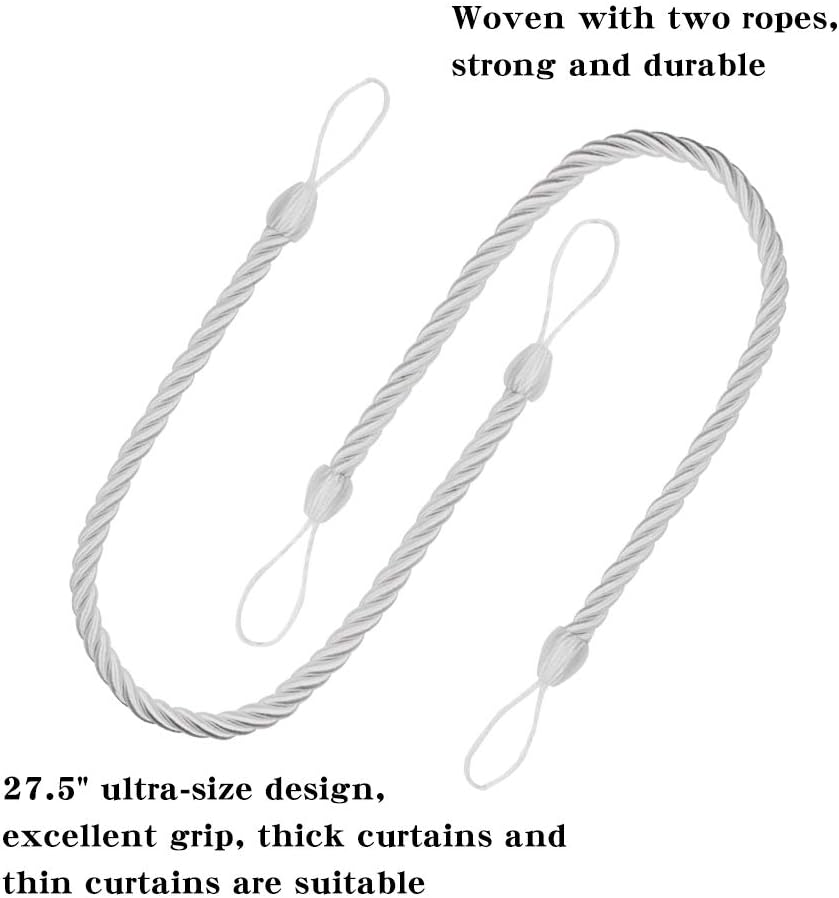 Curtain Ropes Tiebacks Tie-Backs, Curtain Handmade Holdbacks with 2 Metal Screw Hooks - White 2 Pack - Image 3