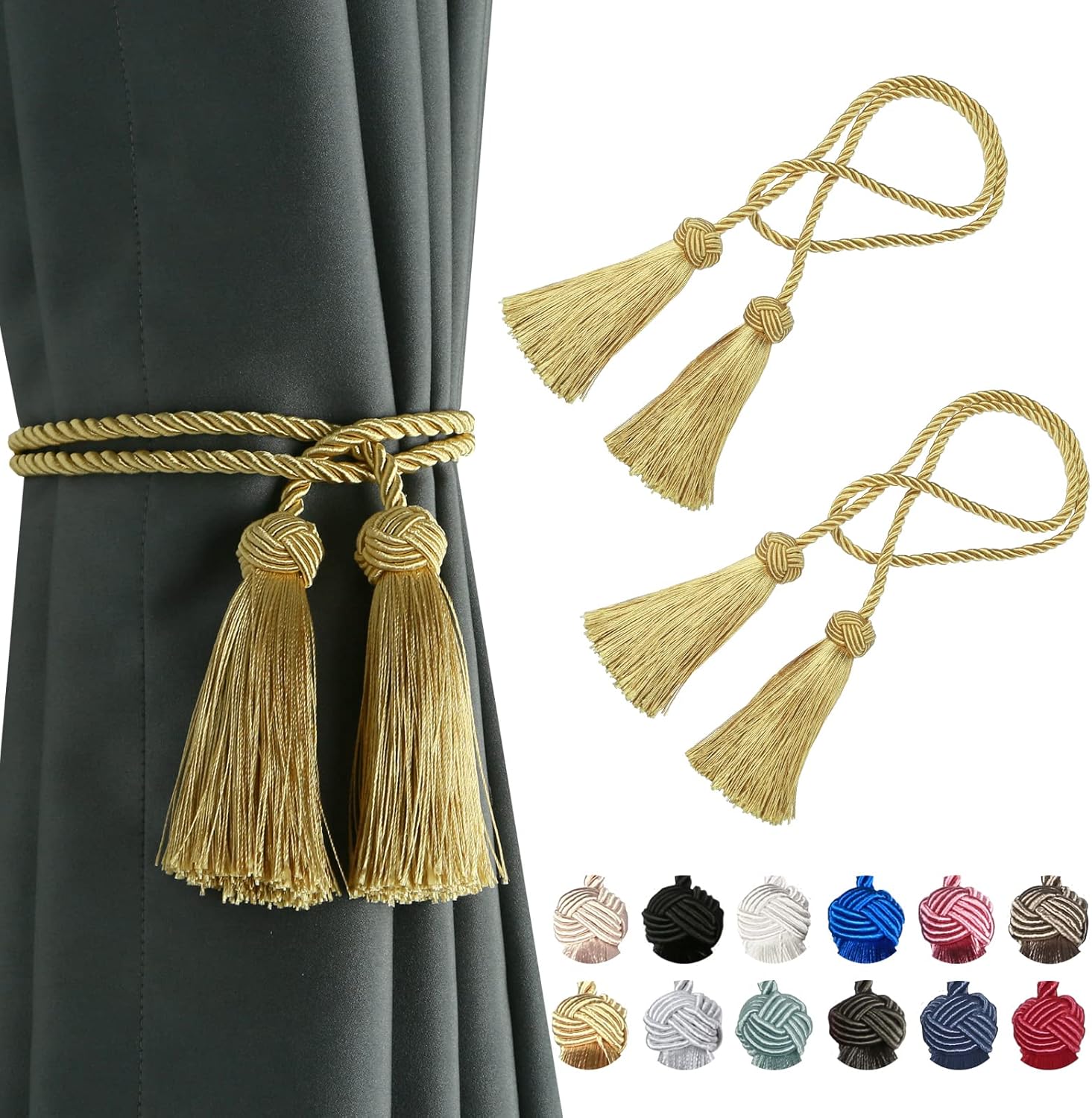 2 Pack Curtain Handmade Tiebacks Decorative Curtain Holdbacks with Tassel (Gold, 2 Pack) - Image 1
