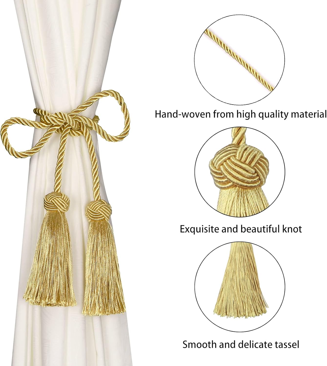 2 Pack Curtain Handmade Tiebacks Decorative Curtain Holdbacks with Tassel (Gold, 2 Pack) - Image 3