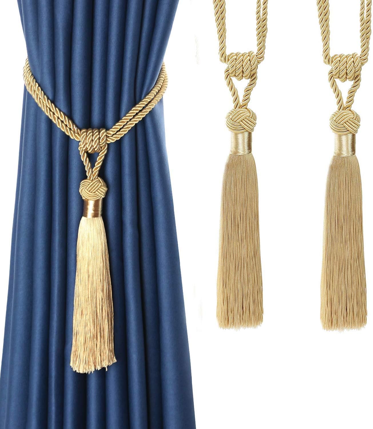 Curtain Tiebacks Hand-Woven Holdbacks Home Decorative Tassels Tiebacks (Gold, 2 Pack) - Image 1