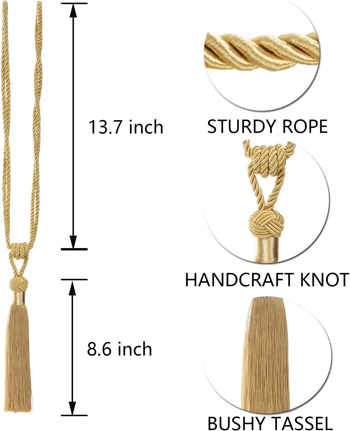 Curtain Tiebacks Hand-Woven Holdbacks Home Decorative Tassels Tiebacks (Gold, 2 Pack) - Image 3