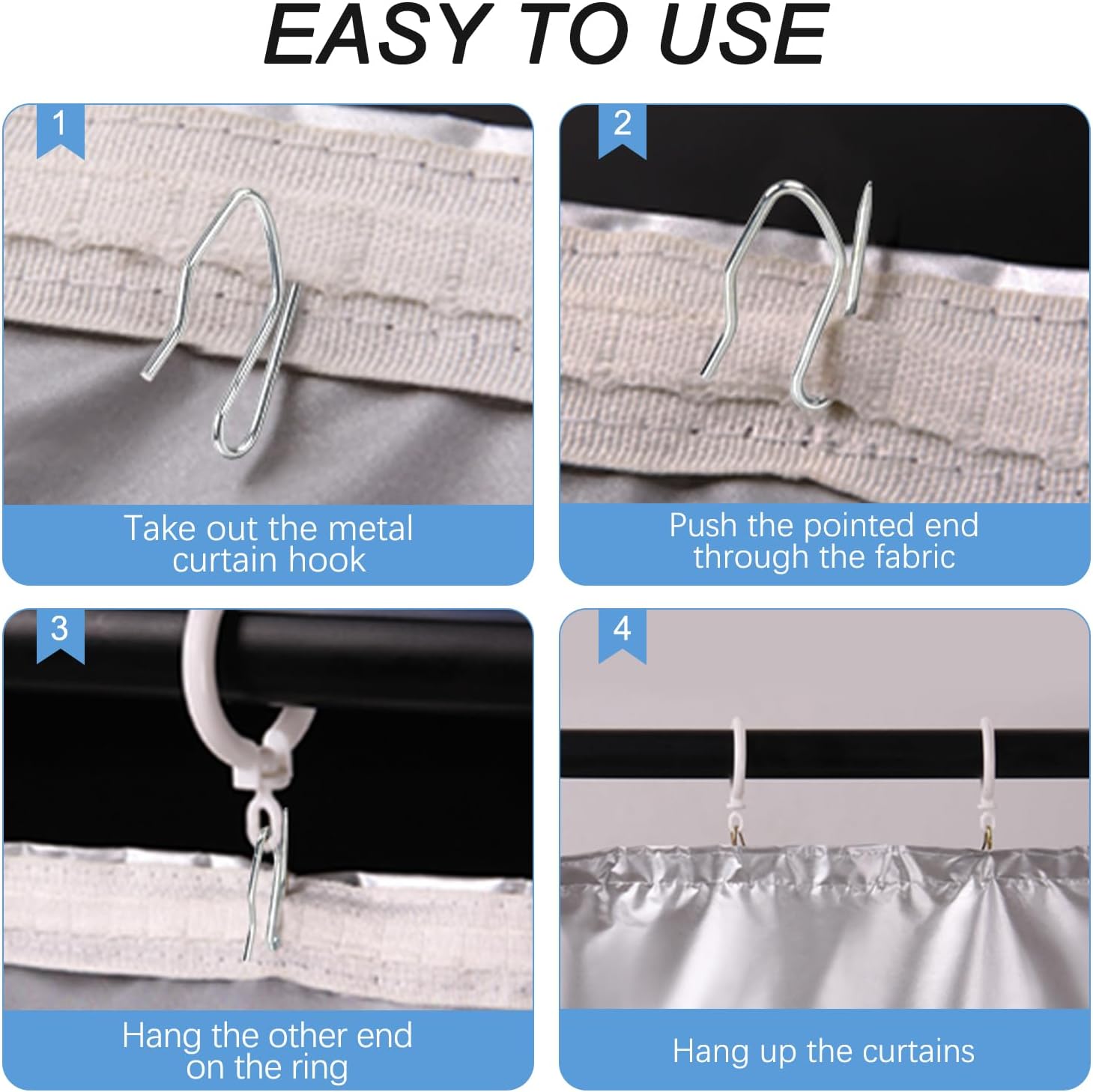 Metal Curtain Hooks, 200pcs Drapery Pins Stainless Steel Pin-on Hooks for Window Shower Door Curtain, Silver White - Image 3