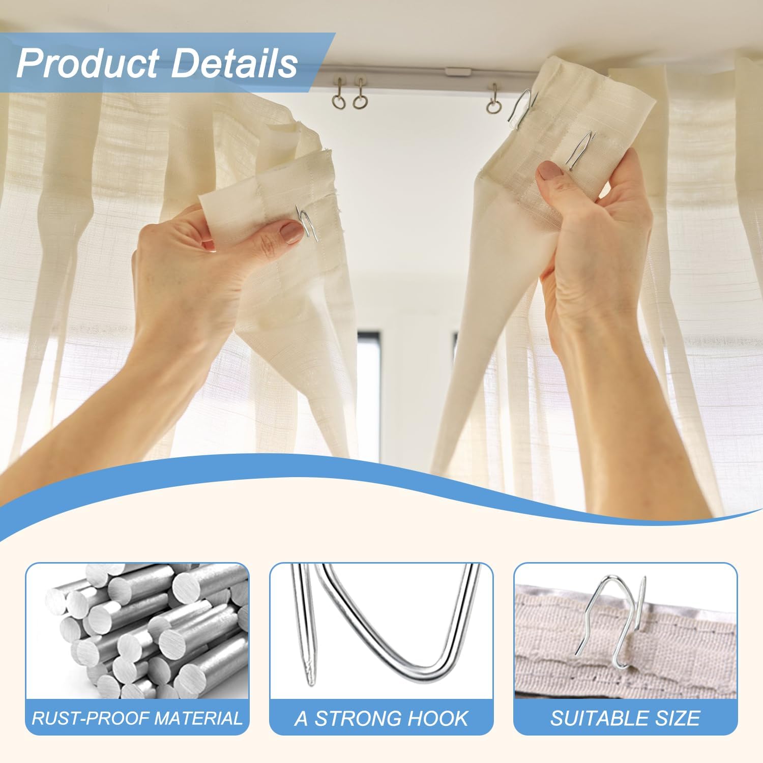 Metal Curtain Hooks, 200pcs Drapery Pins Stainless Steel Pin-on Hooks for Window Shower Door Curtain, Silver White - Image 4