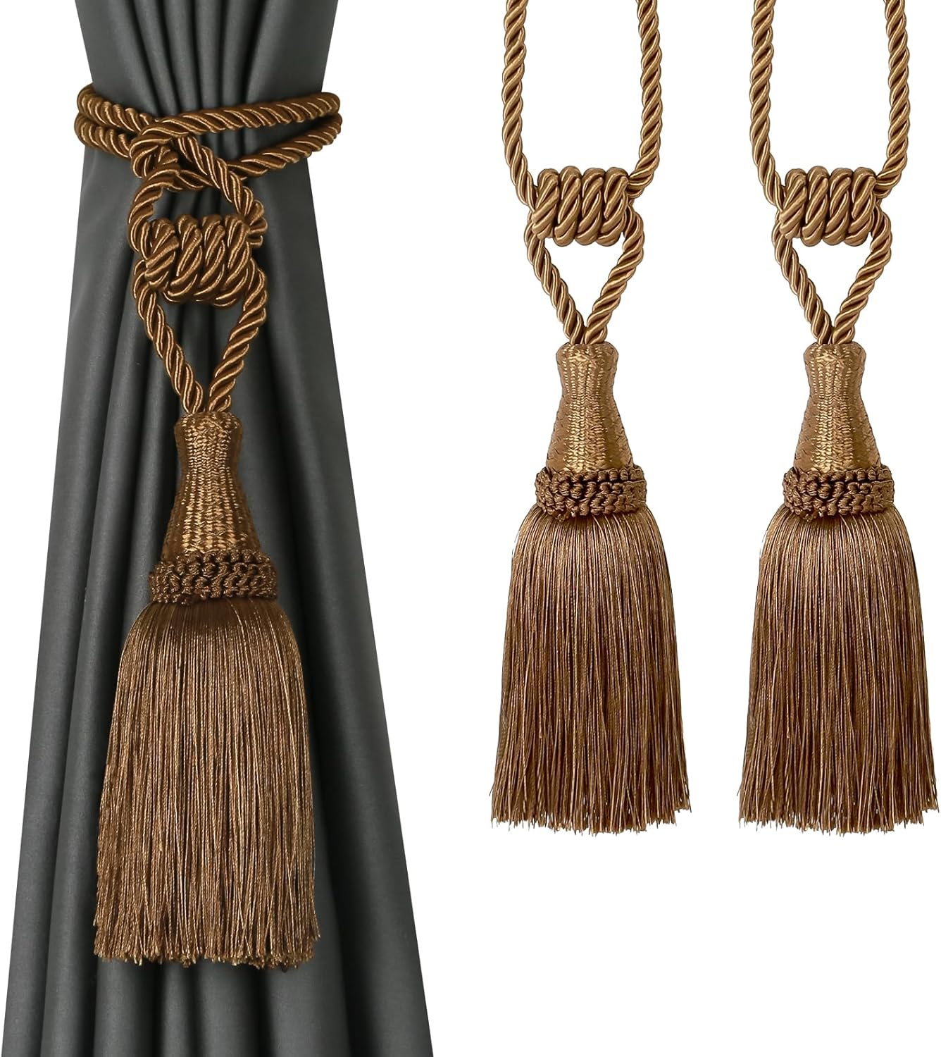 Curtain Tiebacks Handmade Holdbacks for Curtains Drape Decorative Tie Backs with Tassels(Coffee, 2 Pack) - Image 1