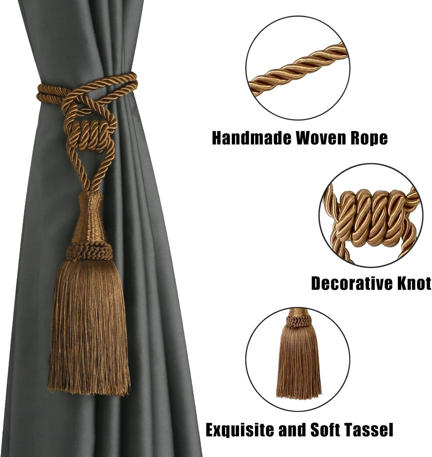 Curtain Tiebacks Handmade Holdbacks for Curtains Drape Decorative Tie Backs with Tassels(Coffee, 2 Pack) - Image 3