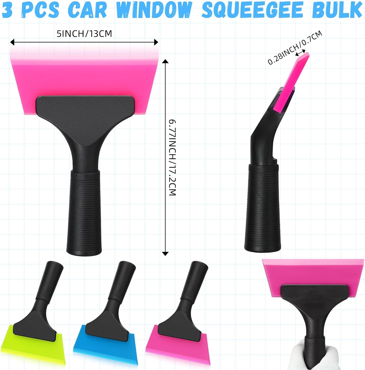 3 Pcs Small Squeegee 5 Inch Window Tint Silicone Squeegee Cleaning with Non Slip Handle Wiper Window Tinting Tools for Car Glass Mirror Shower Bathroom Auto (Blue+Green+Pink) - Image 2