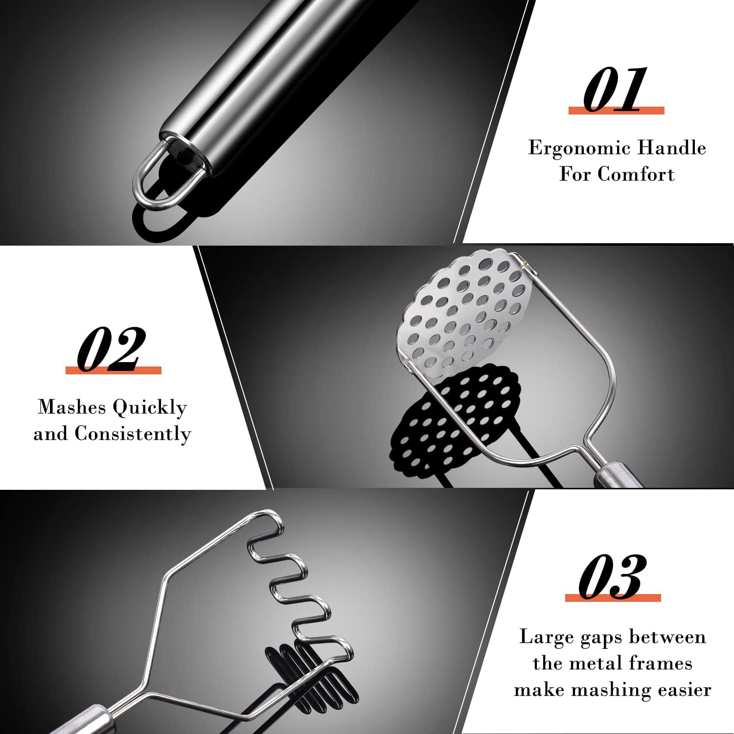 Potato Masher,  2 Pack Stainless Steel Integrated Kitchen Tool Food Masher for Potatoes, Vegetables, Berries, Fruits, Baby Food, Avocado - Image 3